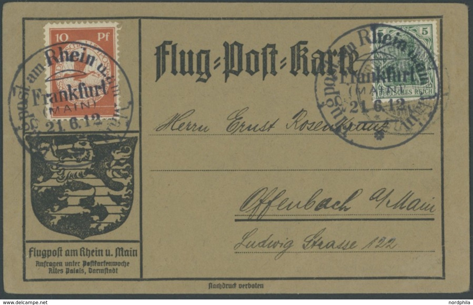 ZEPPELINPOST 10 BRIEF, 1912, 10 Pf. Flp. Am Rhein Und Main Auf Flugpostkarte Mit 5 Pf. Zusatzfrankatur, Sonderstempel Fr - Airmail & Zeppelin