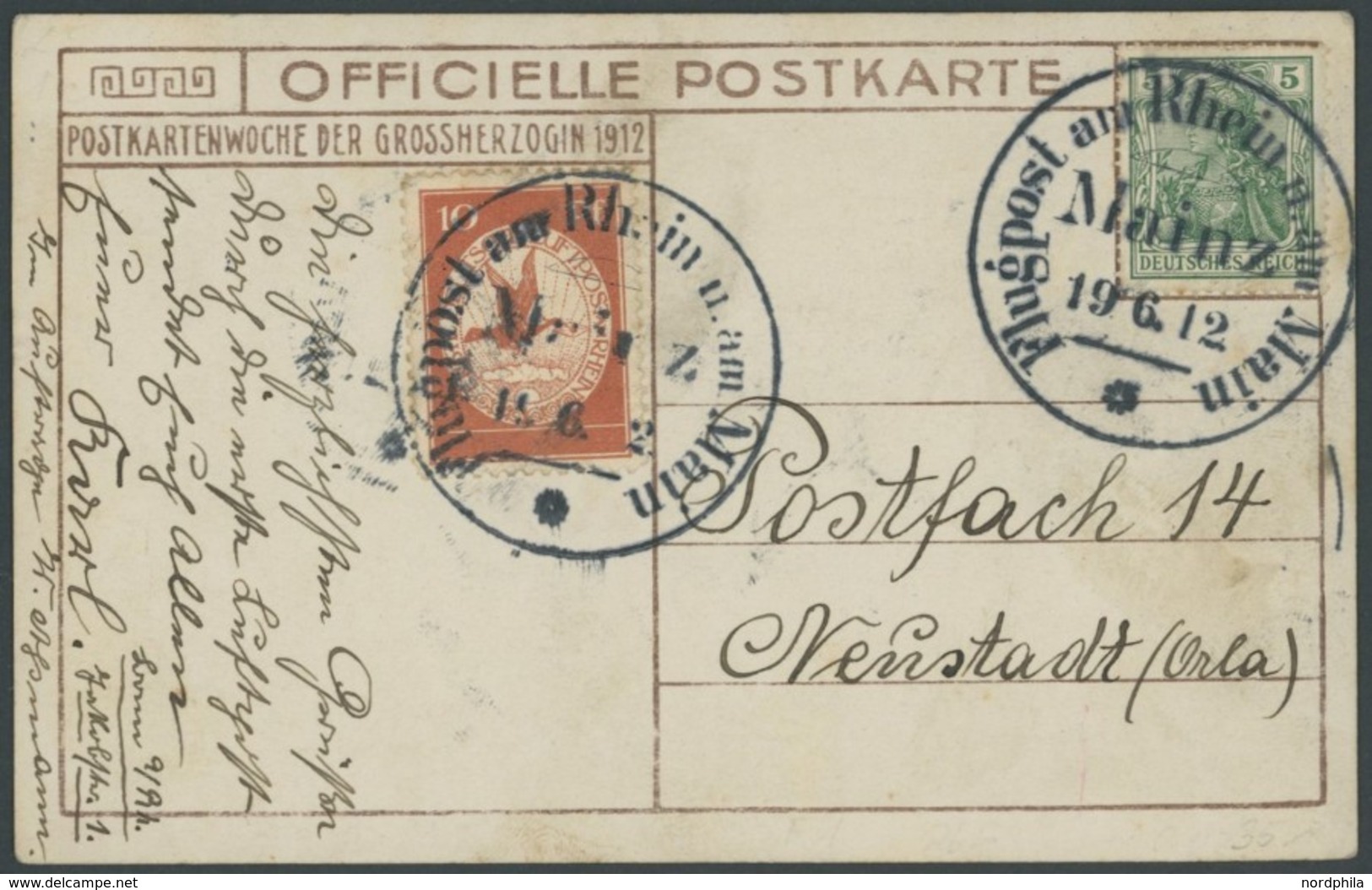 ZEPPELINPOST 10 BRIEF, 1912, 10 Pf. Flp. Am Rhein Und Main Auf Flugpostkarte (Herzogliche Familie/Bild Kopfstehend) Mit  - Correo Aéreo & Zeppelin