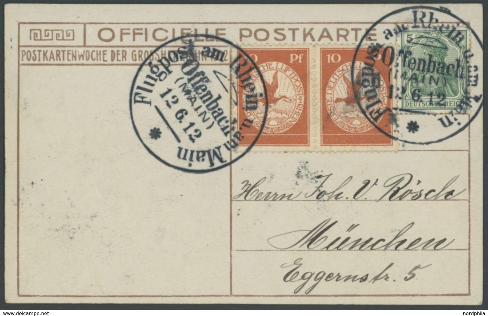 ZEPPELINPOST 10 BRIEF, 1912, 10 Pf. Flp. Am Rhein Und Main Im Waagerechten Paar Auf Flugpostkarte (Großherzogin, Bild Ko - Airmail & Zeppelin