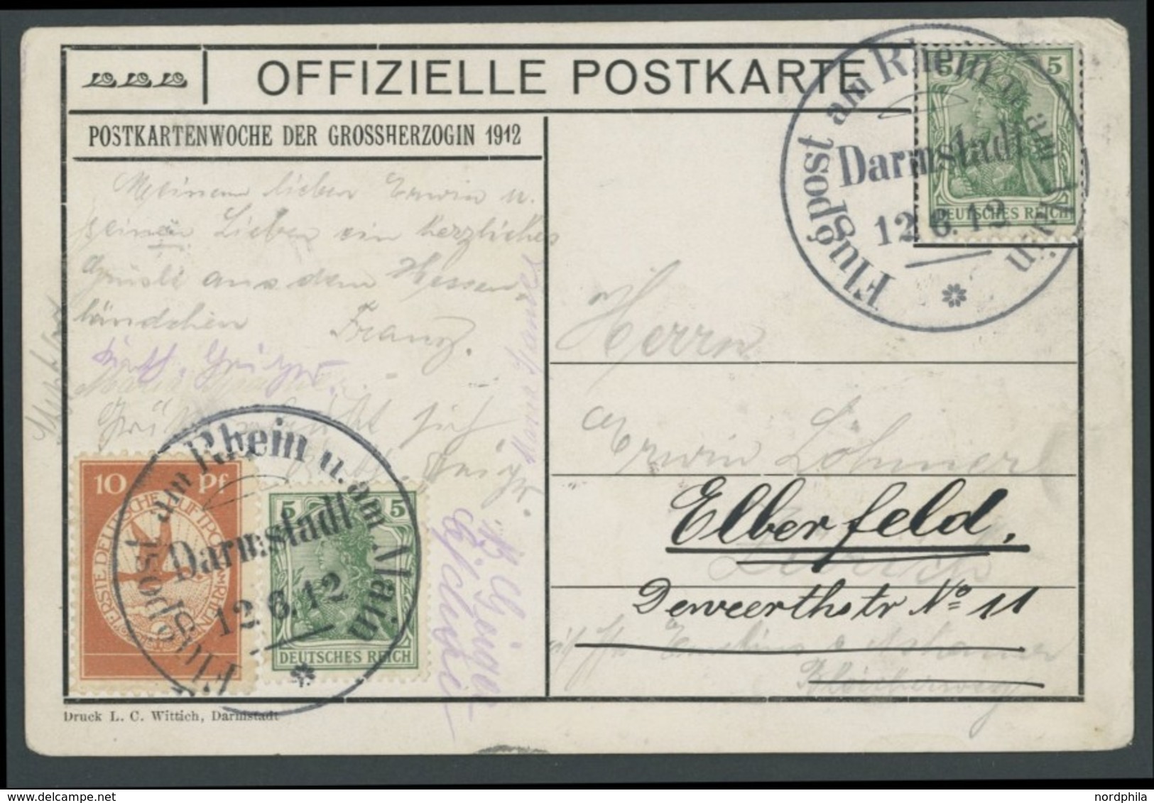 ZEPPELINPOST 10 BRIEF, 1912, 10 Pf. Flp. Am Rhein Und Main Auf Flugpostkarte (Der Otzberg In O.) Mit 2x 5 Pf. Zusatzfran - Airmail & Zeppelin