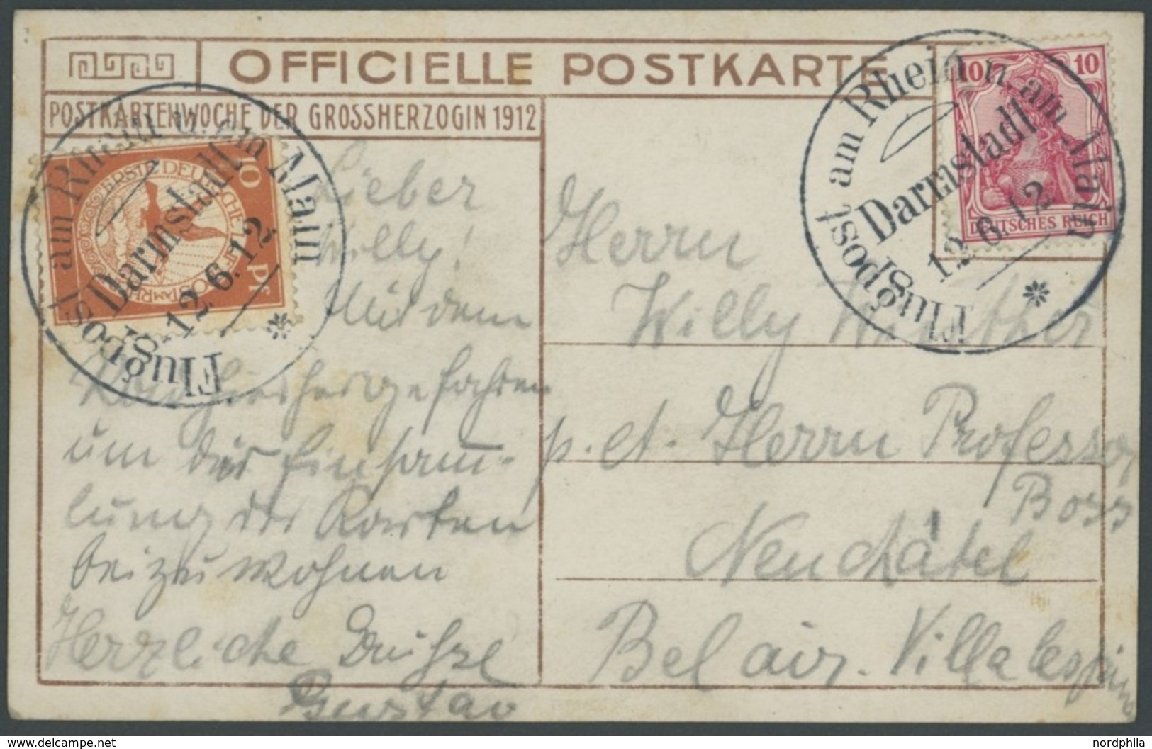 ZEPPELINPOST 10 BRIEF, 1912, 10 Pf. Flp. Am Rhein Und Main Auf Flugpostkarte (Herzogliche Familie) Mit 10 Pf. Zusatzfran - Airmail & Zeppelin