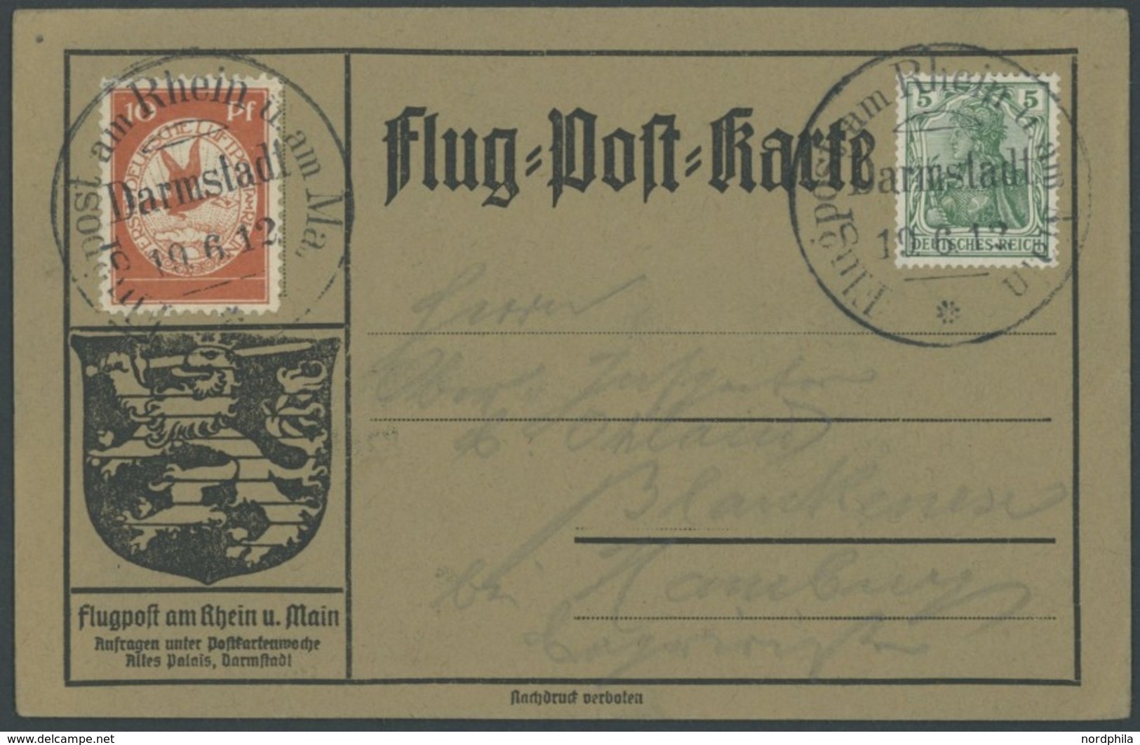 ZEPPELINPOST 10 BRIEF, 1912, 10 Pf. Flp. Am Rhein Und Main Auf Flugpostkarte Mit 5 Pf. Zusatzfrankatur, Sonderstempel Da - Airmail & Zeppelin