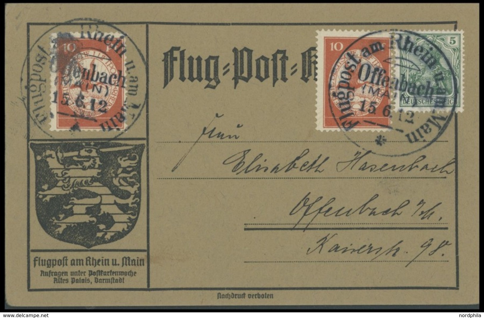 ZEPPELINPOST 10 BRIEF, 1912, 10 Pf. Flp. Am Rhein Und Main 2x Auf Flugpostkarte Mit 5 Pf. Zusatzfrankatur, Sonderstempel - Correo Aéreo & Zeppelin