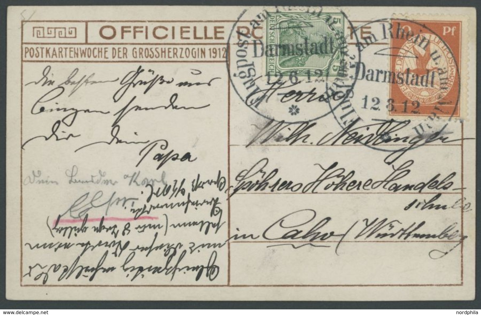 ZEPPELINPOST 10 BRIEF, 1912, 10 Pf. Flp. Am Rhein Und Main Auf Flugpostkarte (Herzogliche Familie) Mit 5 Pf. Zusatzfrank - Correo Aéreo & Zeppelin