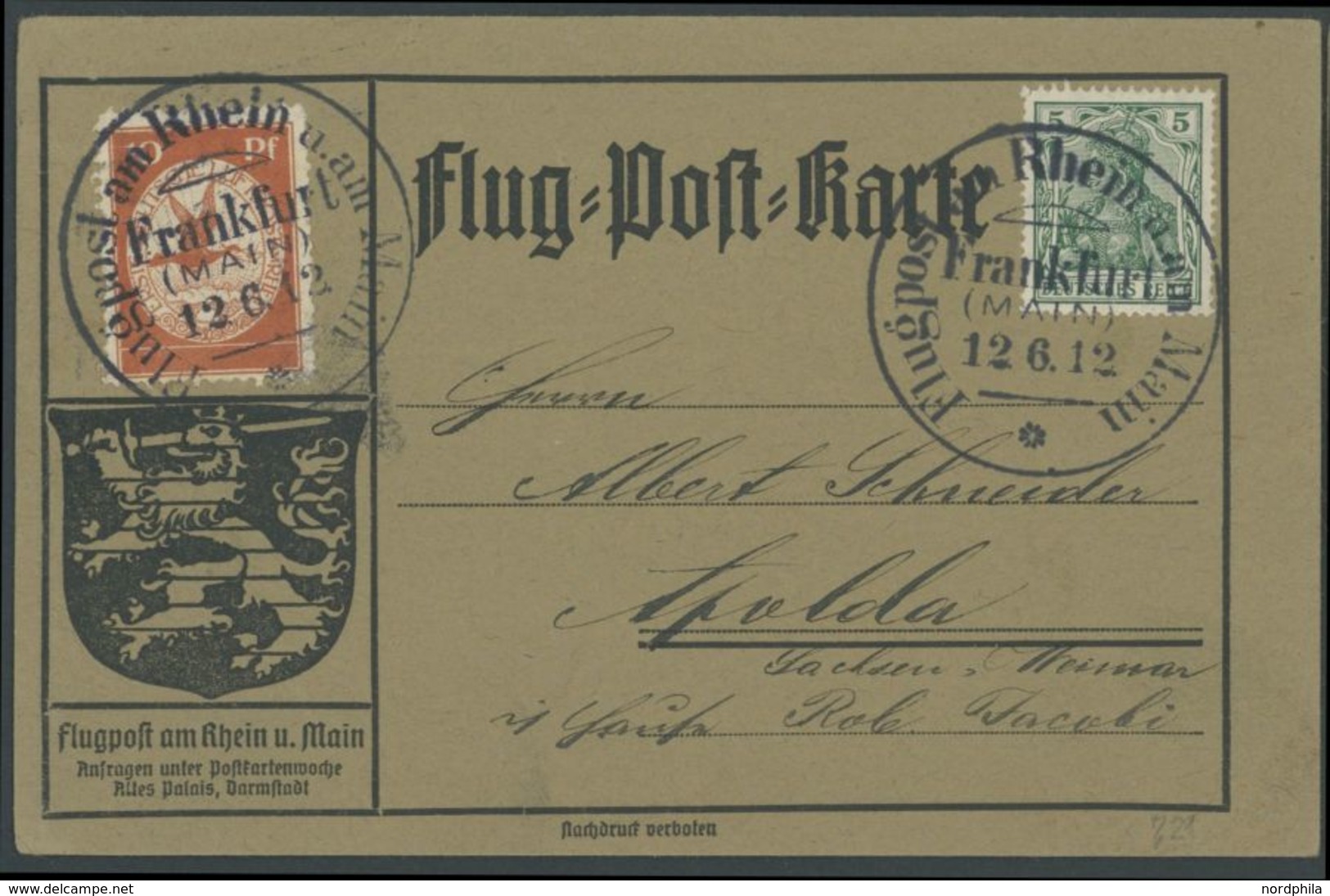 ZEPPELINPOST 10 BRIEF, 1912, 10 Pf. Flp. Am Rhein Und Main Auf Flugpostkarte Mit 5 Pf. Zusatzfrankatur, Sonderstempel Fr - Airmail & Zeppelin