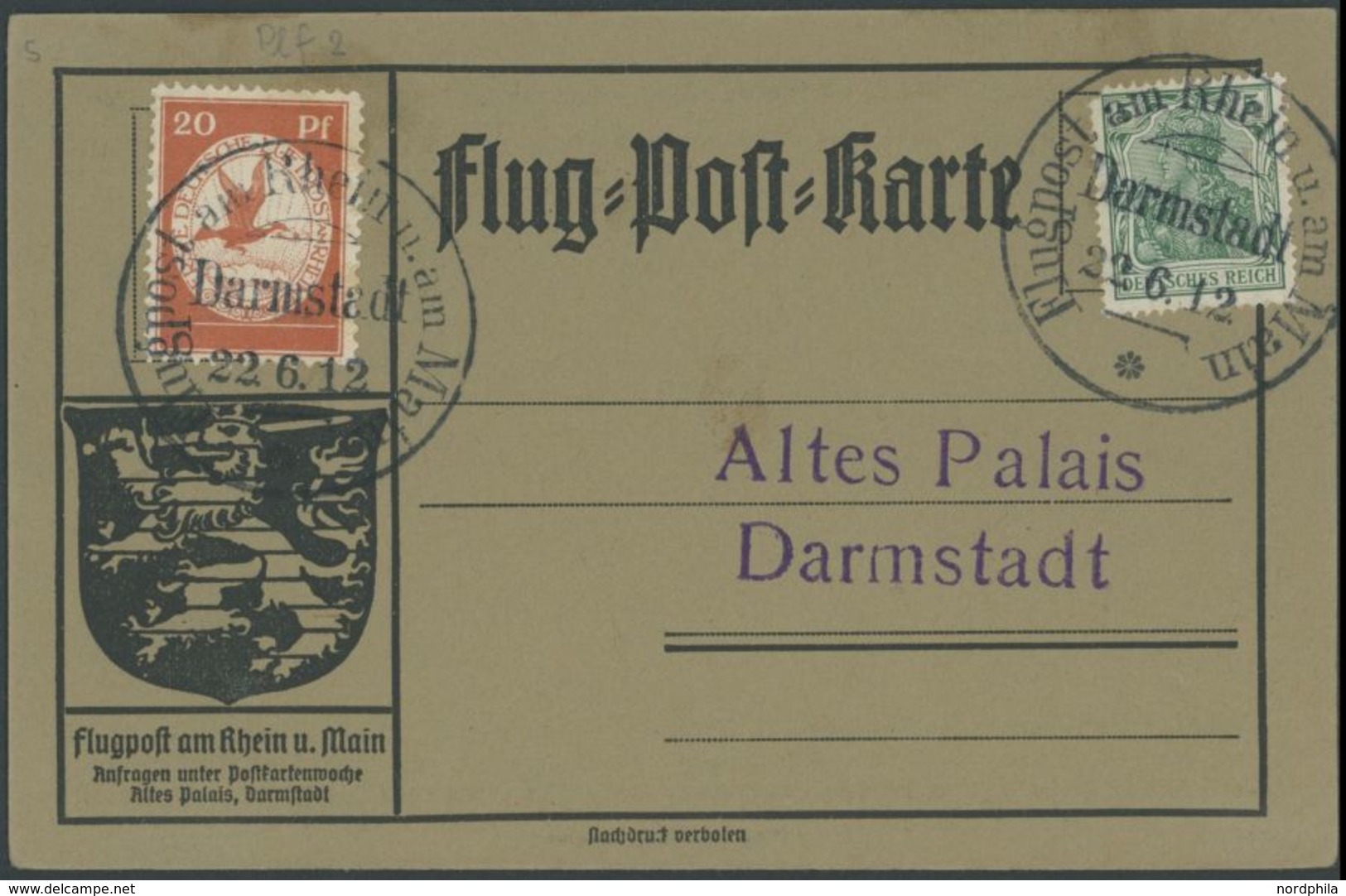 ZEPPELINPOST 11 BRIEF, 1912, 20 Pf. Flp. Am Rhein Und Main Auf Flugpostkarte Mit 5 Pf. Zusatzfrankatur, Sonderstempel Da - Airmail & Zeppelin