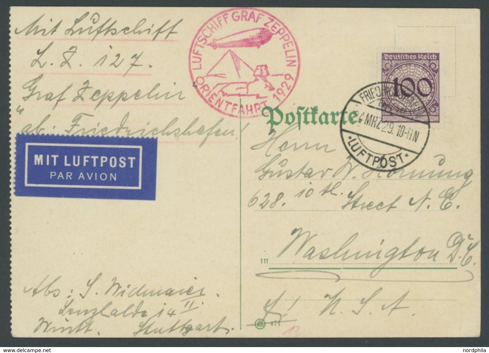 ZEPPELINPOST 23IA BRIEF, 1929, Orientfahrt, Auflieferung Friedrichshafen, Frankiert Mit Mi.Nr. 343 Nach Washington D.C., - Airmail & Zeppelin