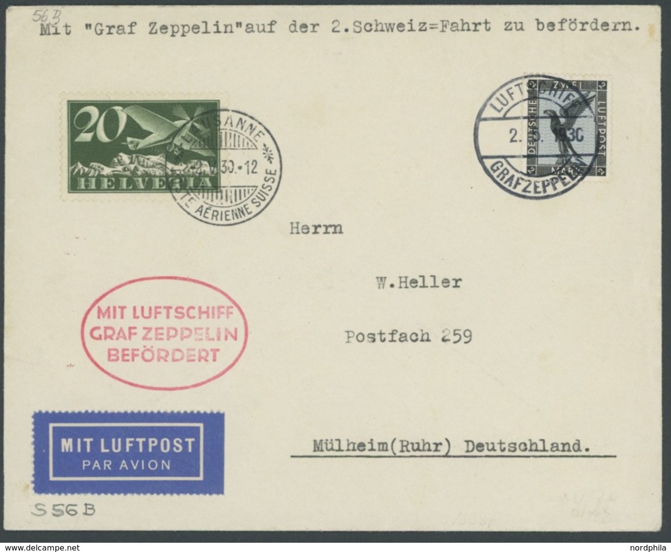 ZEPPELINPOST 56B BRIEF, 1930, Schweizfahrt, Bordpost, Brief Mit Schweizer Zusatzfrankatur, Feinst - Airmail & Zeppelin