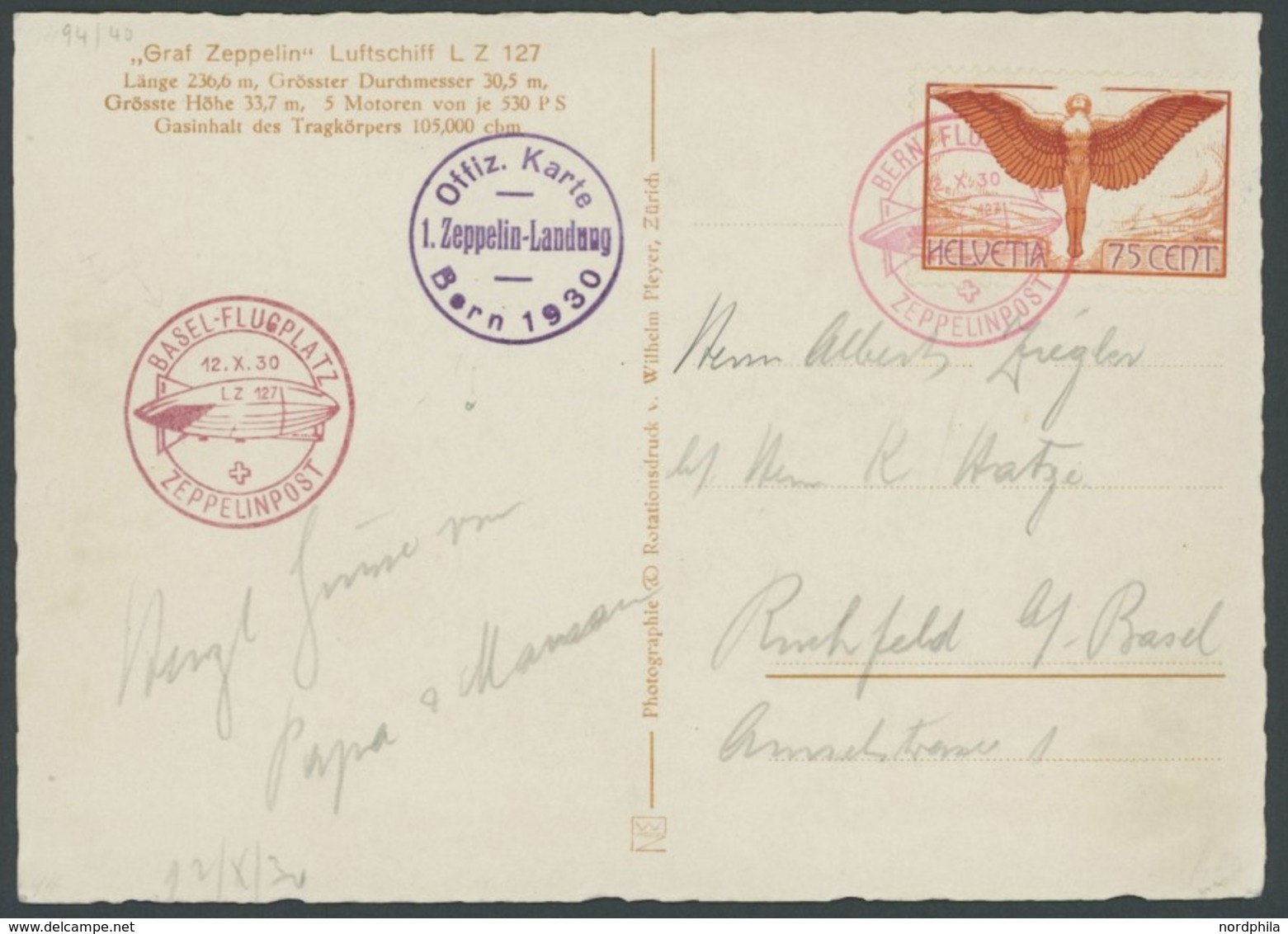 ZEPPELINPOST 94 BRIEF, 1930, Fahrt Bern-Basel Mit Braunrotem Sonderstempel, Prachtkarte - Airmail & Zeppelin