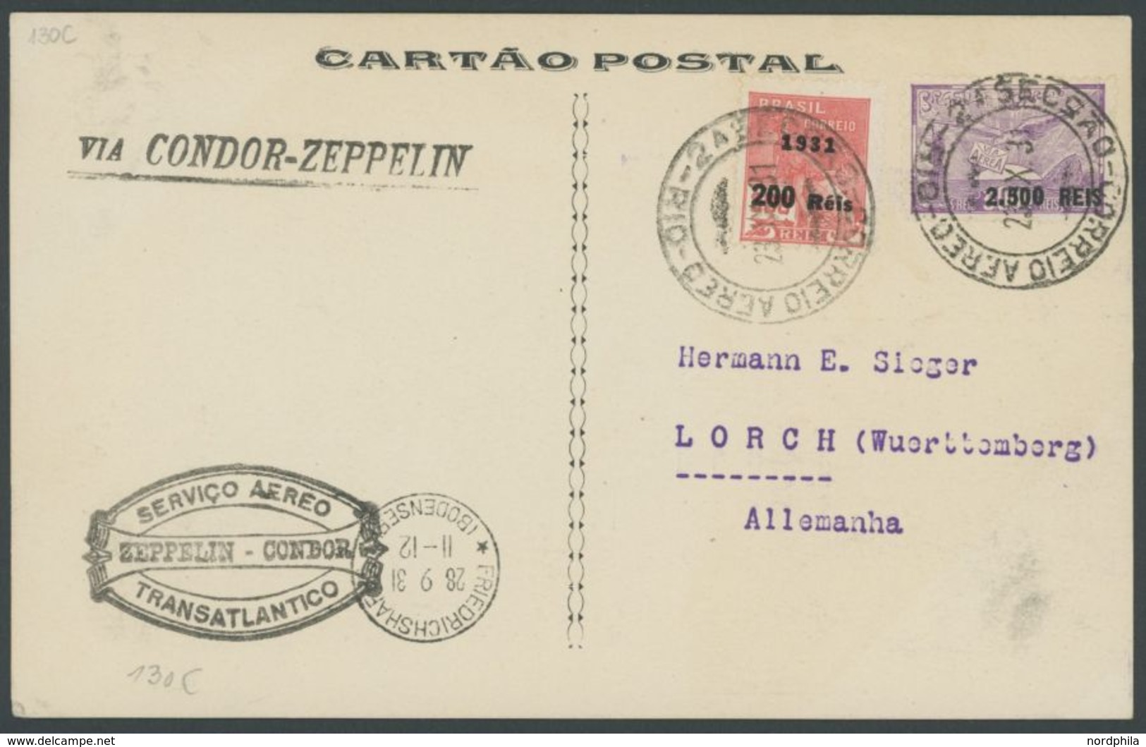 ZEPPELINPOST 130C BRIEF, 1931, 2. Südamerikafahrt, Brasilianische Post, Mit Zeppelinmarke Zu 2500 R. Auf 3000 R., Pracht - Airmail & Zeppelin