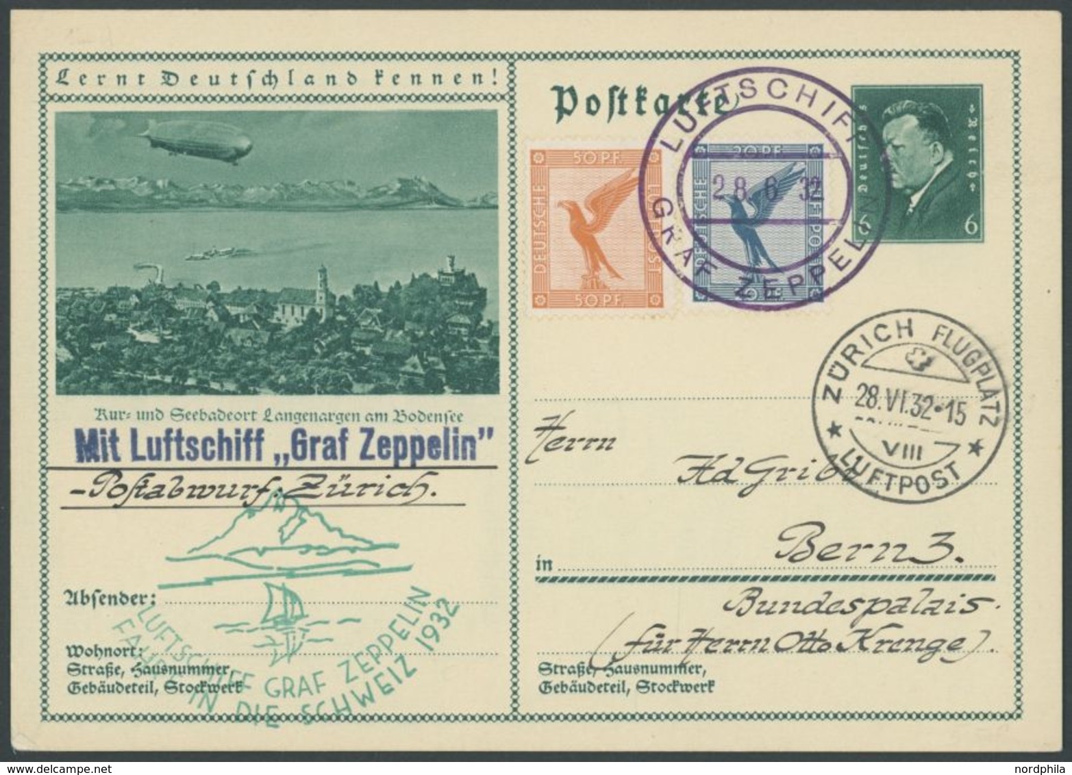 ZEPPELINPOST 166d BRIEF, 1932, Schweizfahrt, Bordpost, Zeppelin-Ganzsachenkarte, Pracht - Airmail & Zeppelin