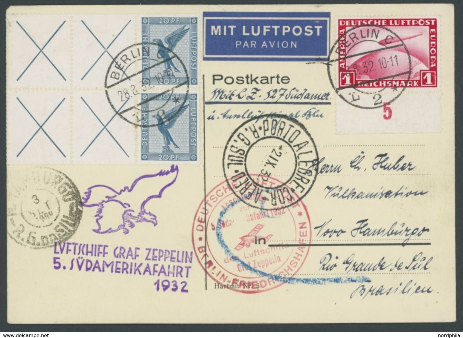 ZEPPELINPOST 171B BRIEF, 1932, 5. Südamerikafahrt, Anschlußflug Ab Berlin, Frankiert U.a. Mit 2x Mi.Nr. W 21.2 Im Senkre - Airmail & Zeppelin