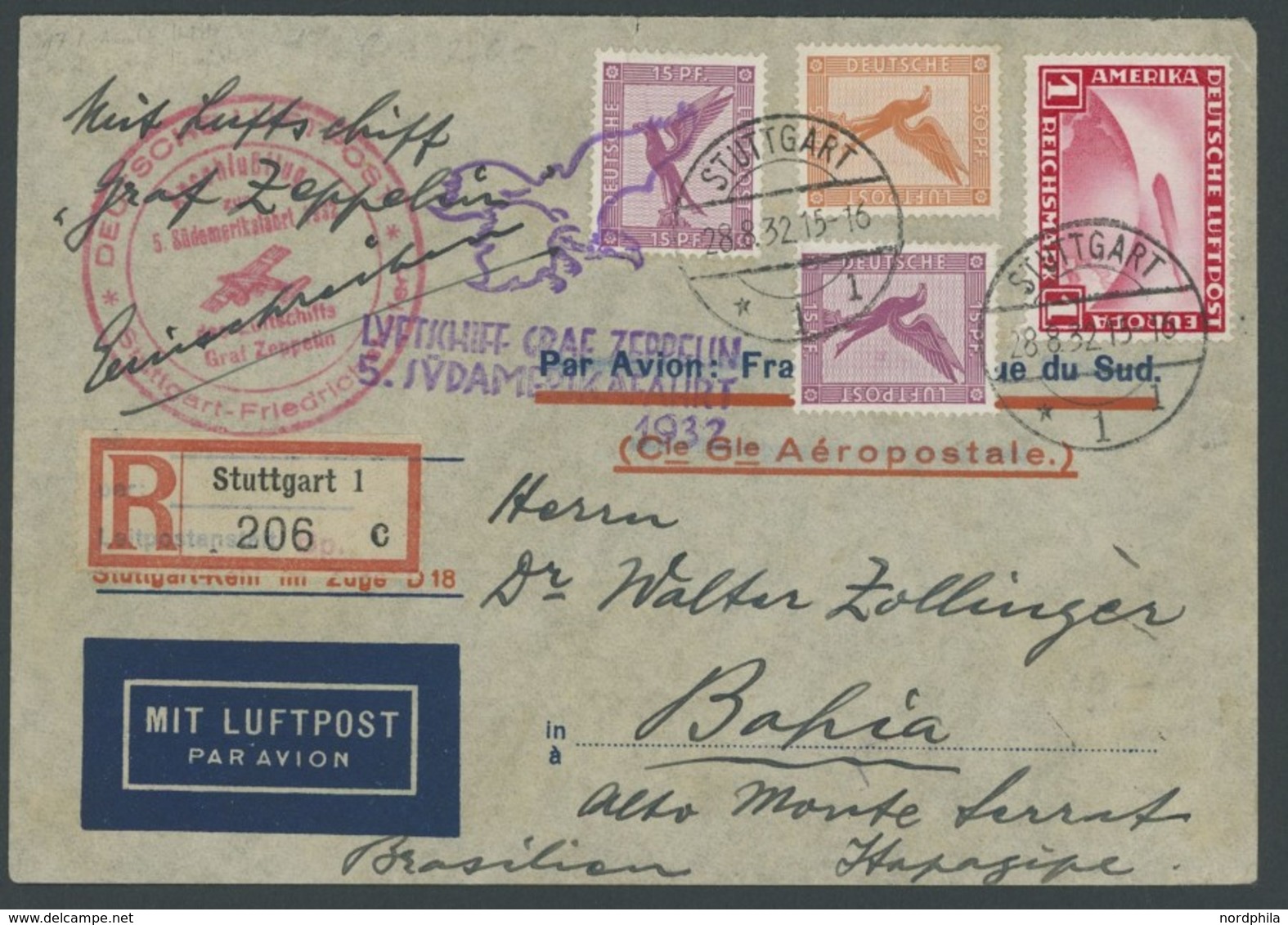 ZEPPELINPOST 171C BRIEF, 1932, 5. Südamerikafahrt, Anschlussflug Ab Stuttgart, Einschreibbrief, Rückseitiger Brasilianis - Airmail & Zeppelin