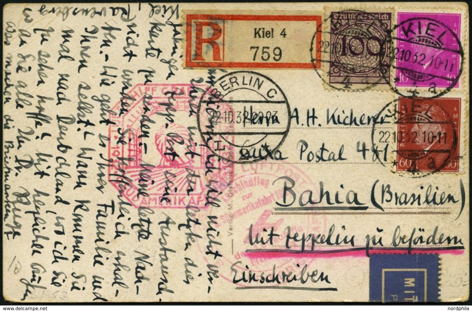 ZEPPELINPOST 195B BRIEF, 1932, 9. Südamerikafahrt, Anschlußflug Ab Berlin, Einschreib-Bedarfskarte Von KIEL Nach Bahia,  - Airmail & Zeppelin