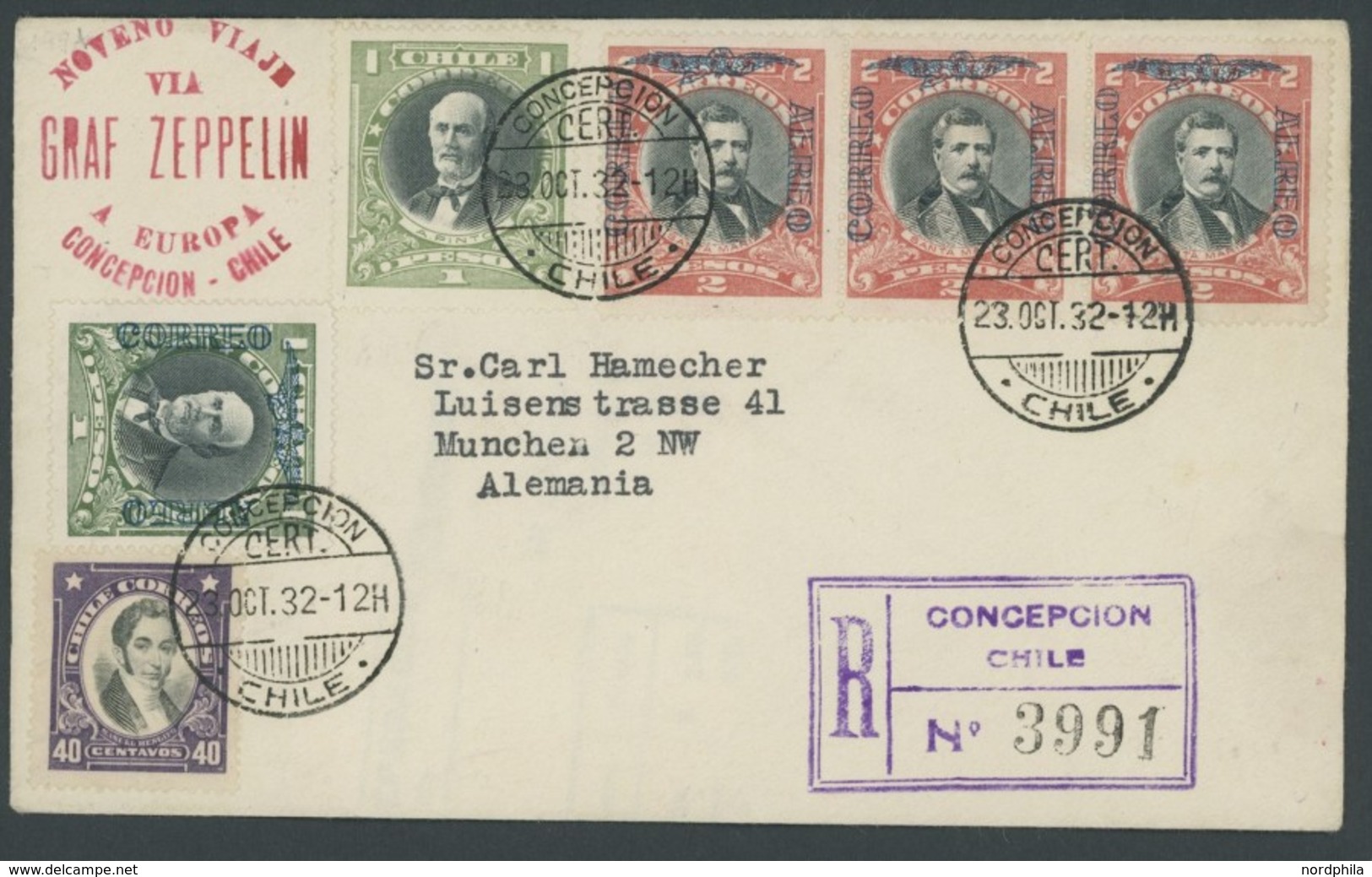 ZEPPELINPOST 199A BRIEF, 1932, 9. Südamerikafahrt, Chilenische Post, Einschreibbrief Der Rückfahrt, Pracht - Airmail & Zeppelin