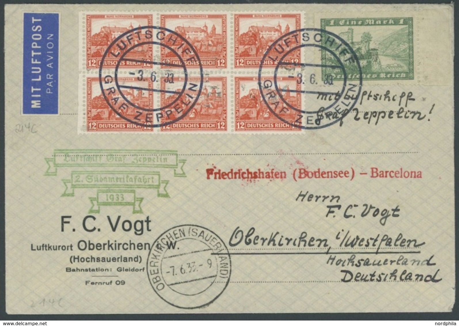 ZEPPELINPOST 214C BRIEF, 1933, 2. Südamerikafahrt, Abwurf Barcelona, Prachtbrief - Airmail & Zeppelin