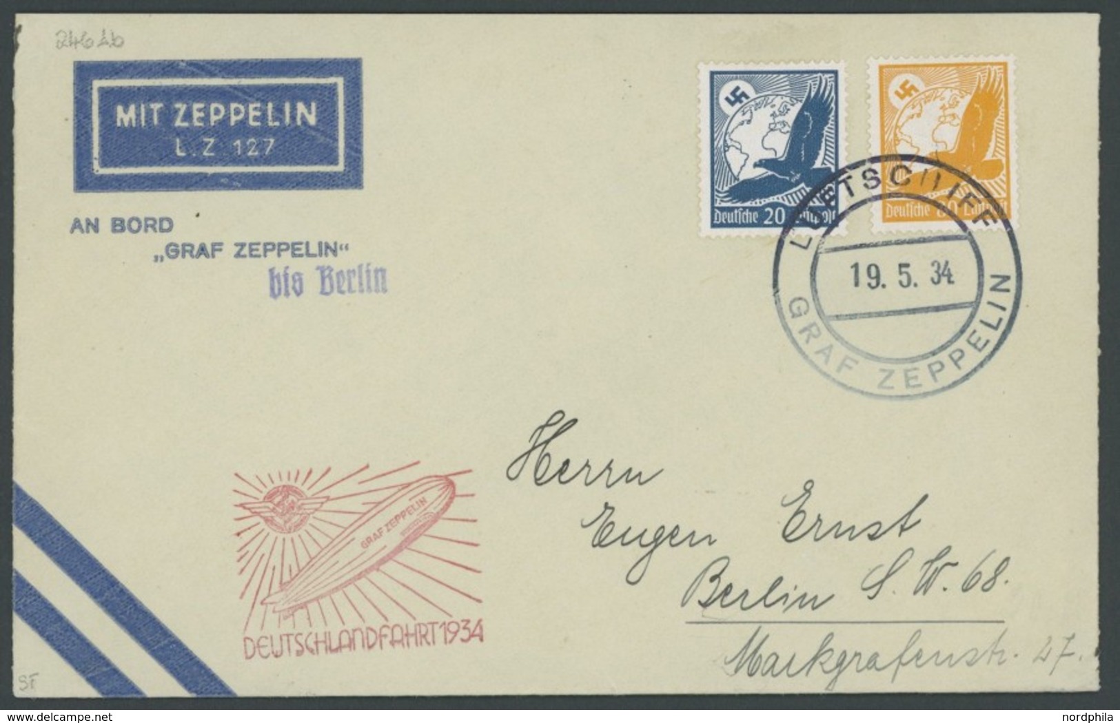 ZEPPELINPOST 246Ab BRIEF, 1934, Deutschlandfahrt, Bordpost Bis Berlin, Rückseitig Mit Eckener-Spendenmarke, Prachtbrief - Airmail & Zeppelin