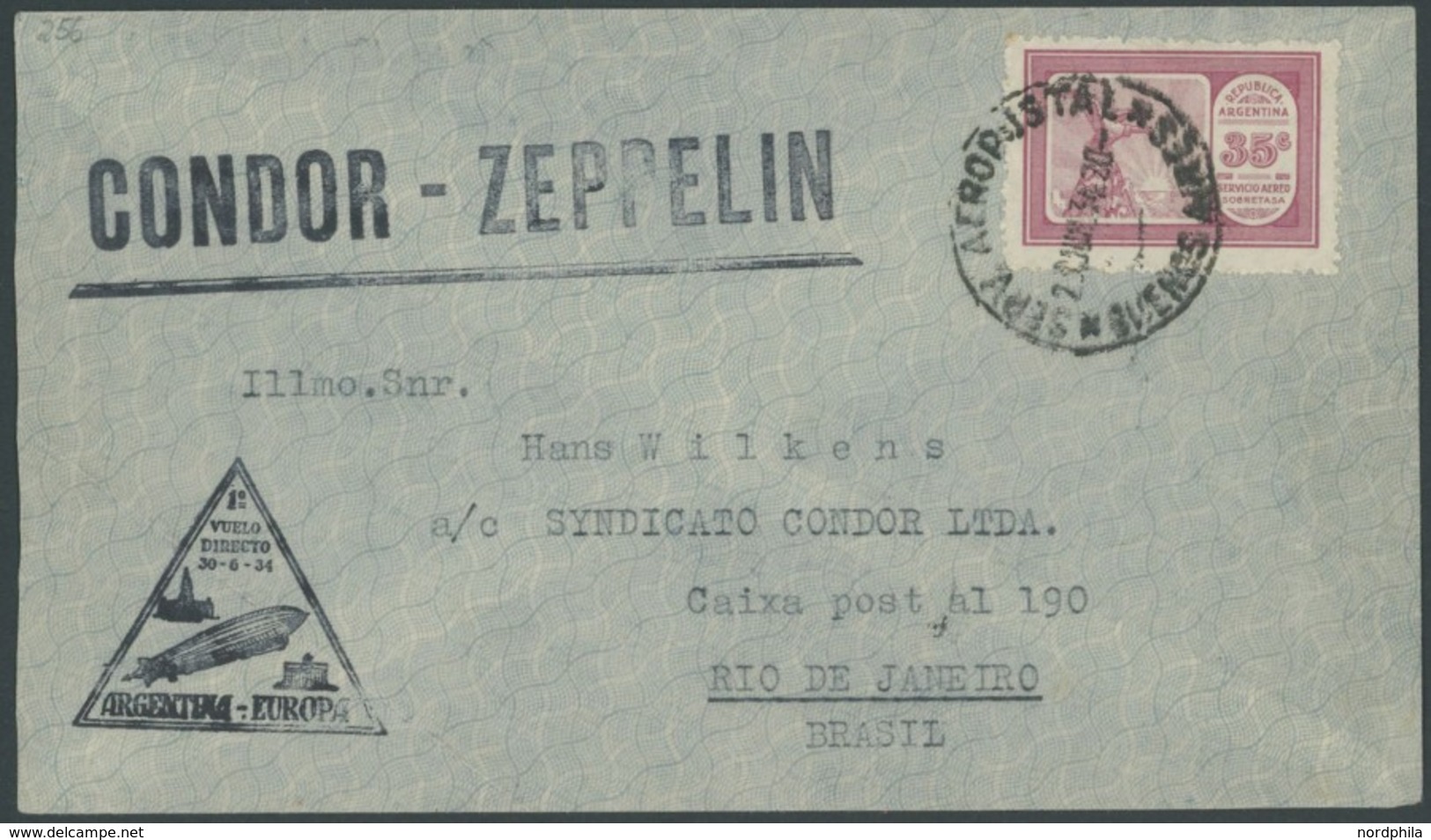 ZEPPELINPOST 256 BRIEF, 1934, 3. Südamerikafahrt, Argentinische Post, Rückfahrt, Buenos Aires-Rio De Janeiro, Flugbestät - Airmail & Zeppelin