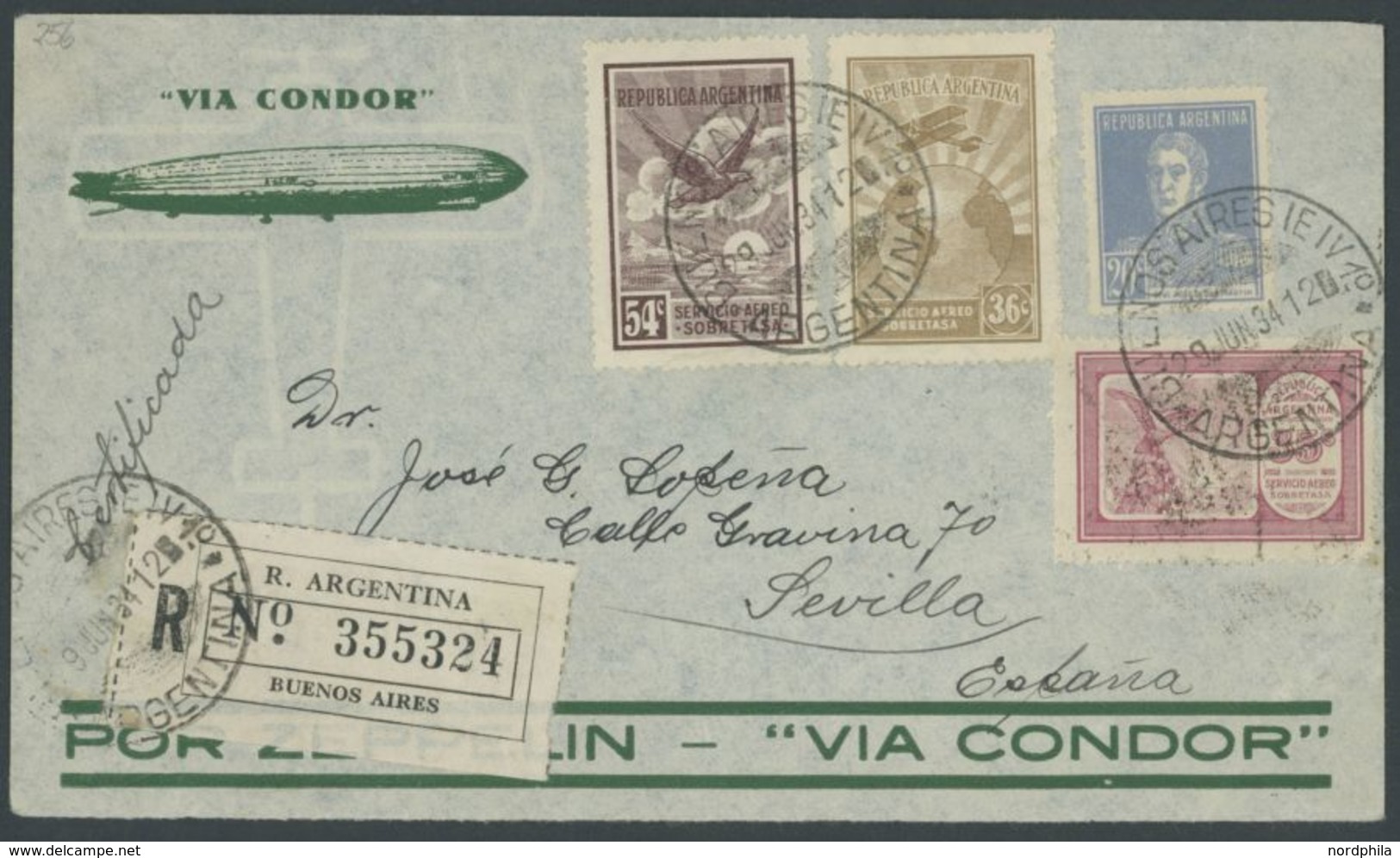 ZEPPELINPOST 256 BRIEF, 1934, 3. Südamerikafahrt, Argentinische Post, Rückfahrt, Buenos Aires-Sevilla, Einschreibbrief,  - Airmail & Zeppelin