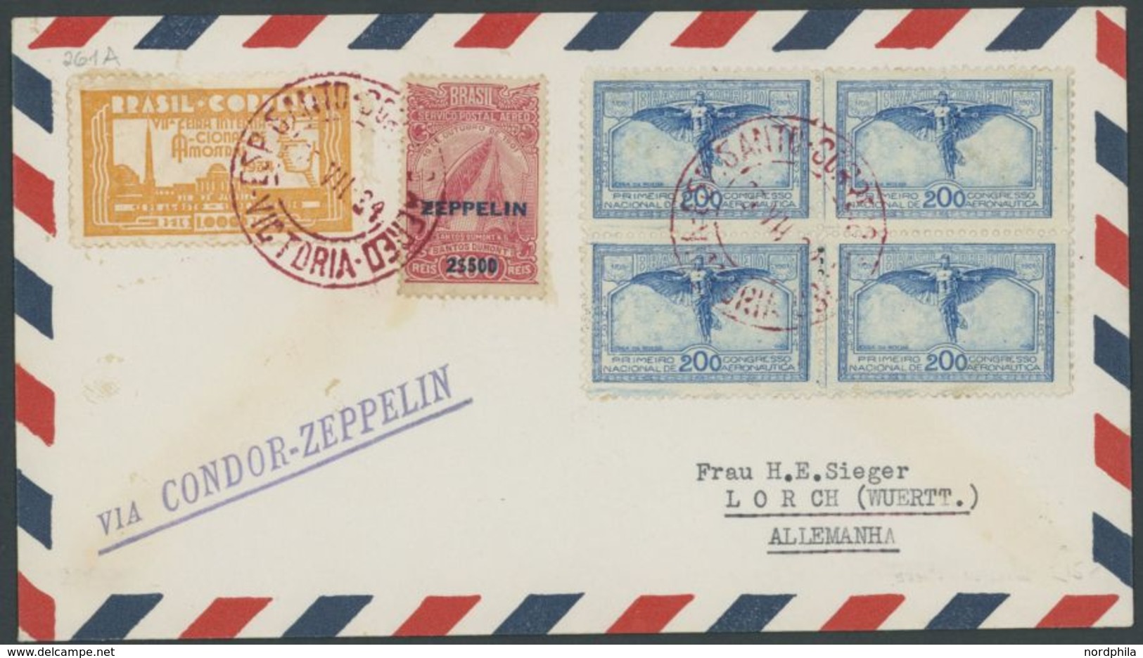 ZEPPELINPOST 261A BRIEF, 1934, 4. Südamerikafahrt, Brasilianische Post, Rote Aufgabestempel VICTORIA ESP. SANTO, Prachtb - Airmail & Zeppelin