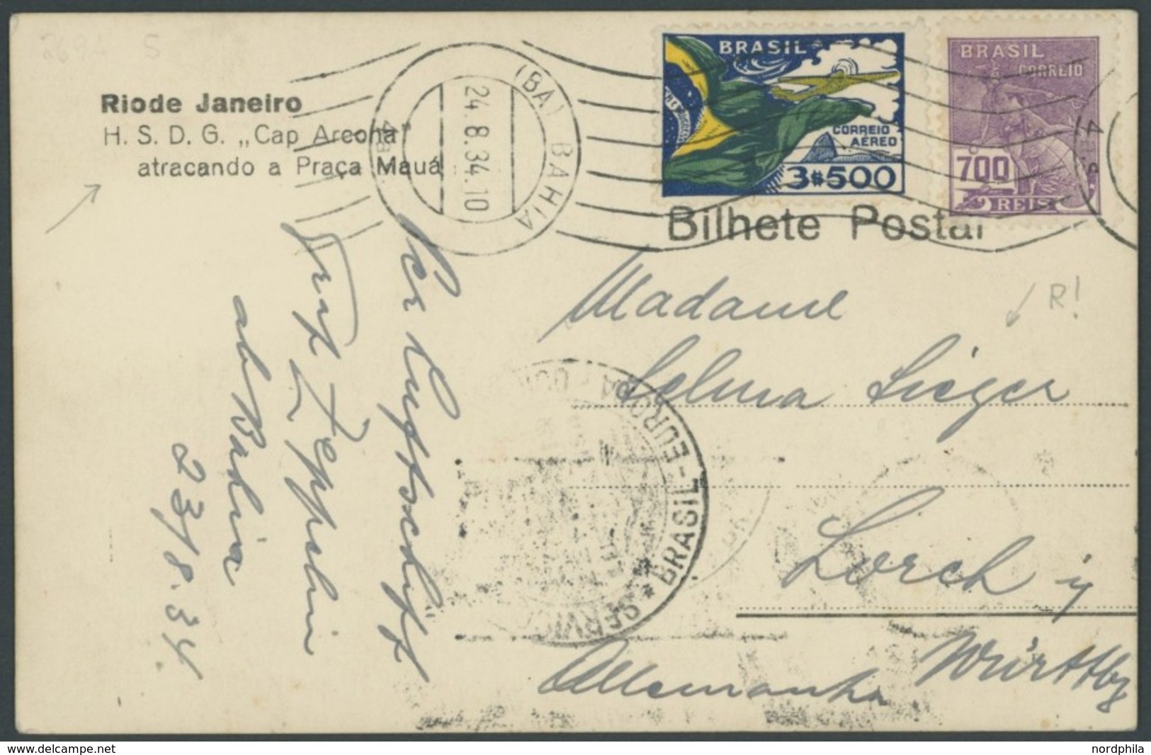 ZEPPELINPOST 269A BRIEF, 1934, 6. Südamerikafahrt, Brasilianische Post, Prachtkarte - Airmail & Zeppelin