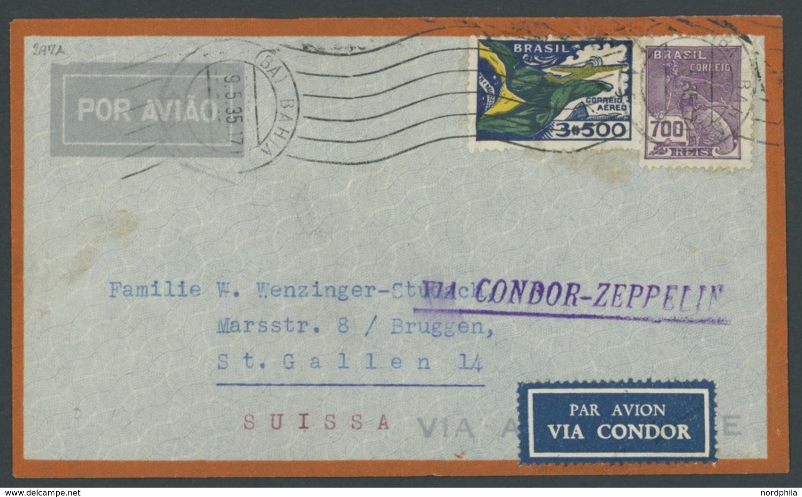 ZEPPELINPOST 297A BRIEF, 1935, 3. Südamerikafahrt, Brasilianische Post, Prachtbrief In Die Schweiz - Airmail & Zeppelin