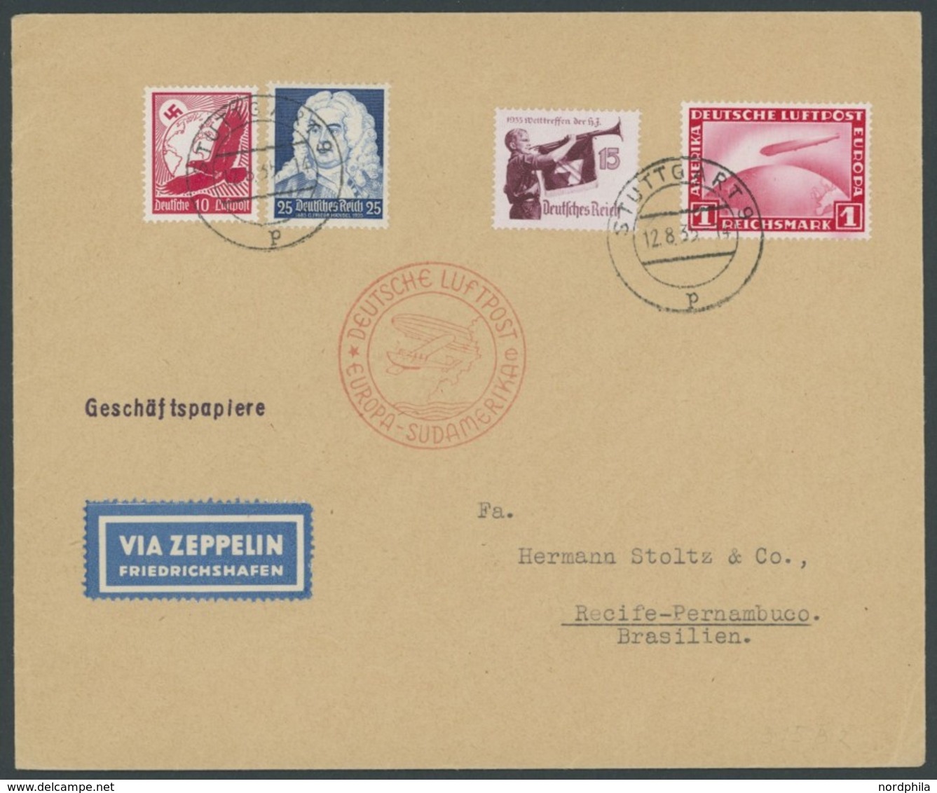 ZEPPELINPOST 315Be BRIEF, 1935, 10. Südamerikafahrt, Flugpostbestätigungsstempel E, L1 Geschäftspapiere Auf Prachtbrief - Airmail & Zeppelin