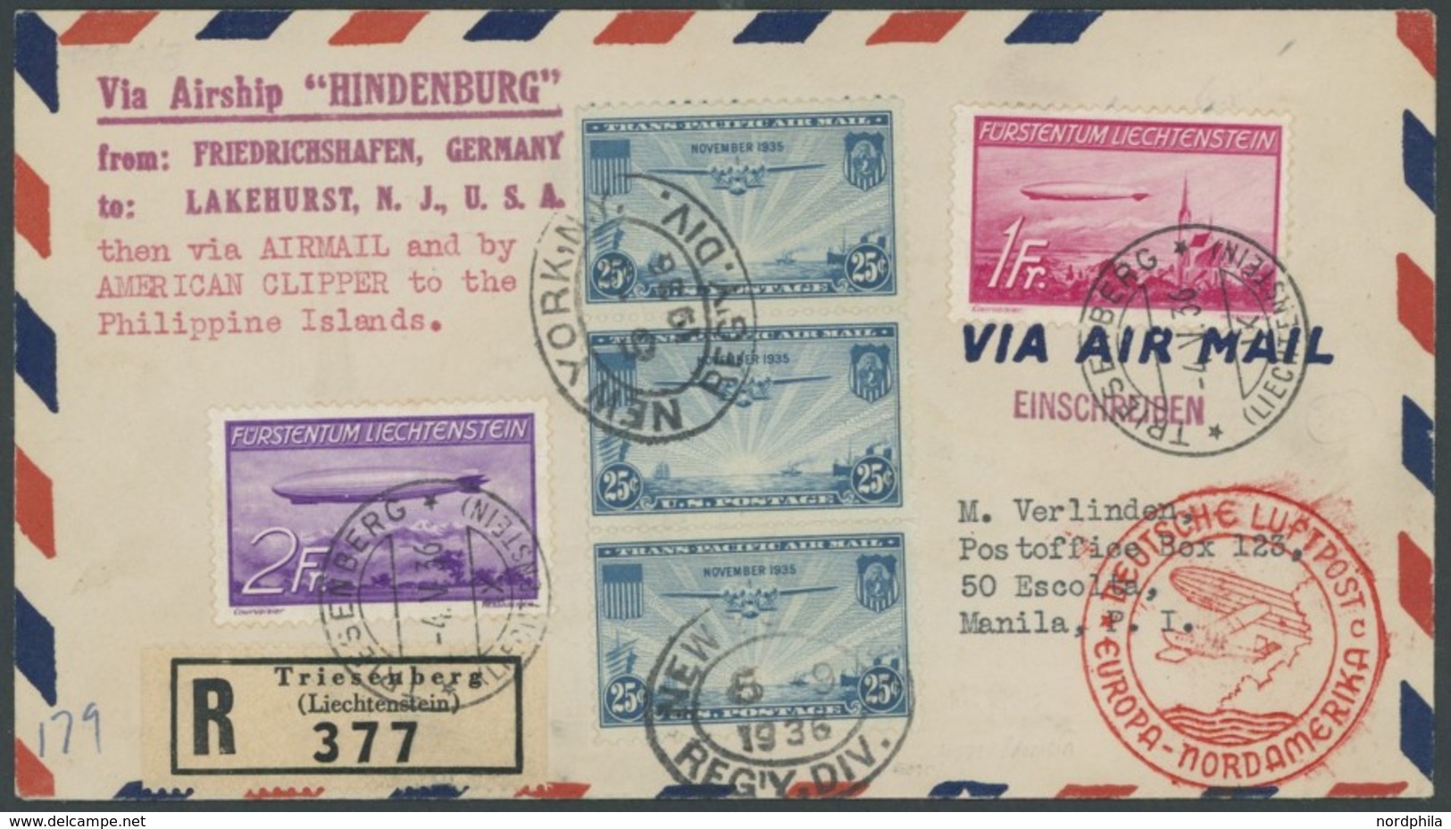 ZEPPELINPOST 408A,B BRIEF, 1936, 1. Nordamerikafahrt, Liechtenstein Post, Einschreibbrief Nach Manila, Frankiert Mit Bei - Correo Aéreo & Zeppelin