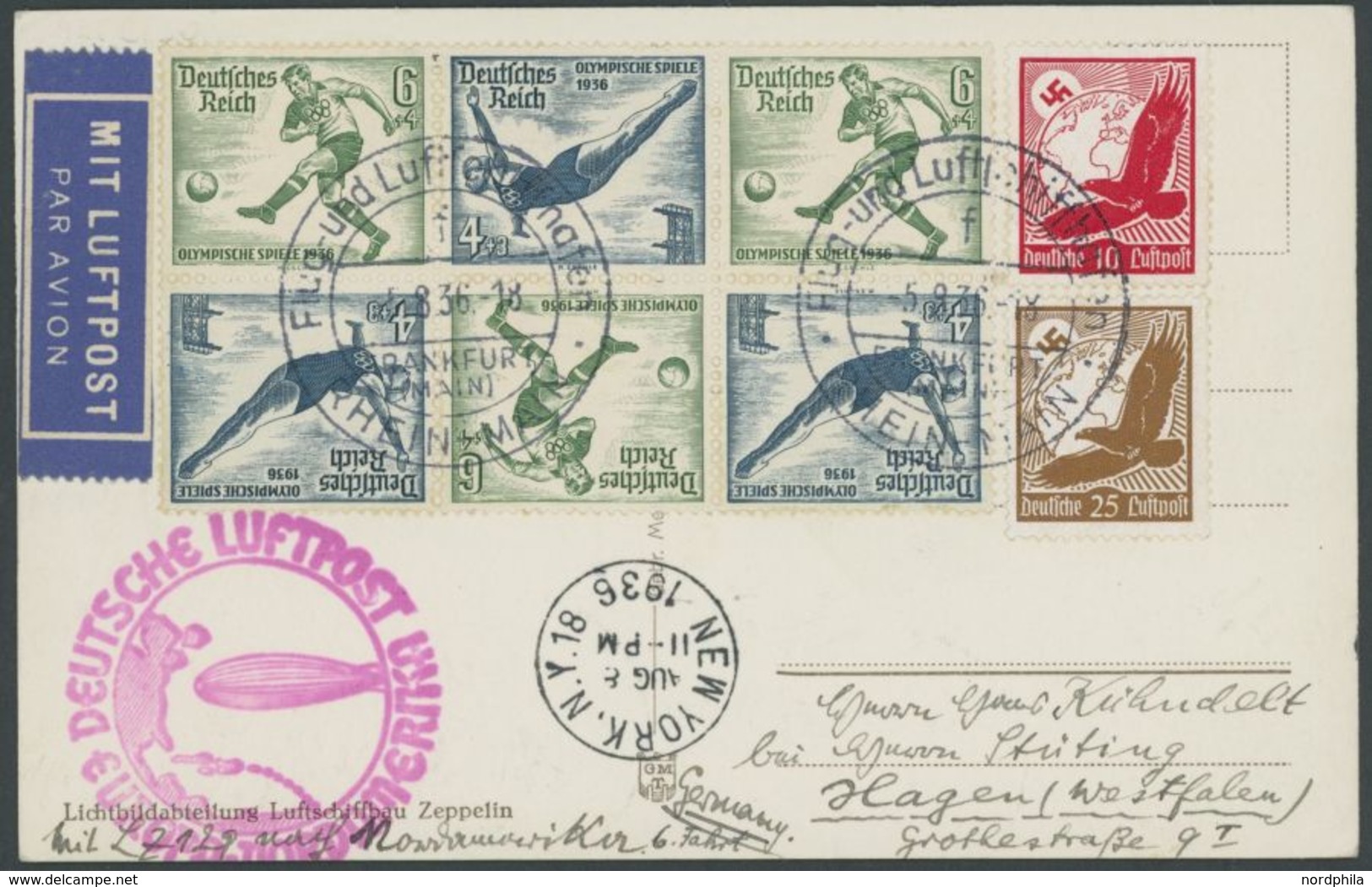 ZEPPELINPOST 428B BRIEF, 1936, 6. Nordamerikafahrt, Frankiert Mit Olympia-Marken Mi.Nr. 610/1 In 3 Zusammenhängenden Keh - Airmail & Zeppelin