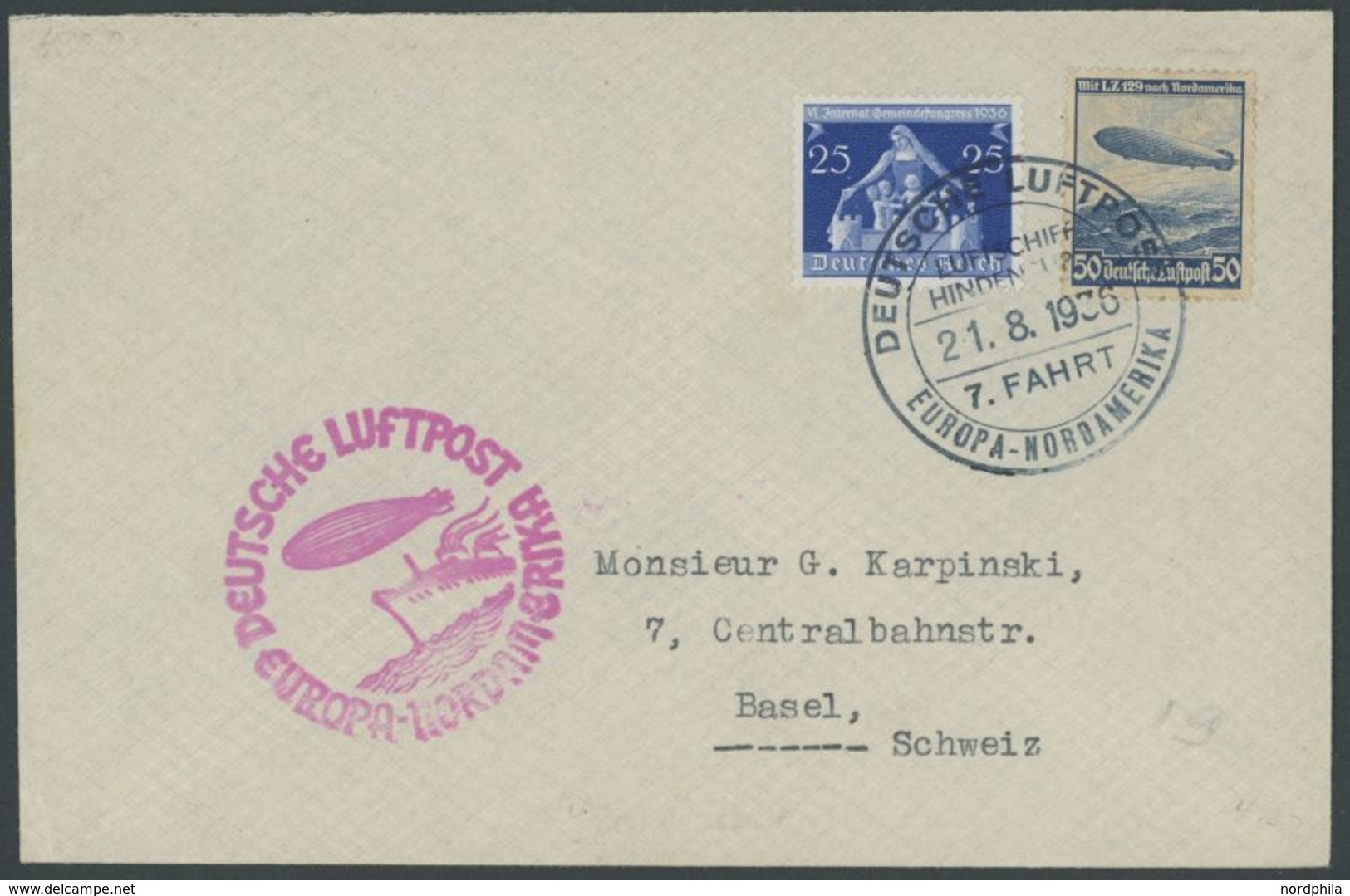 ZEPPELINPOST 430D BRIEF, 1936, 7. Nordamerikafahrt, Bordpost Von Der Rückfahrt Nach Basel, Prachtbrief - Airmail & Zeppelin