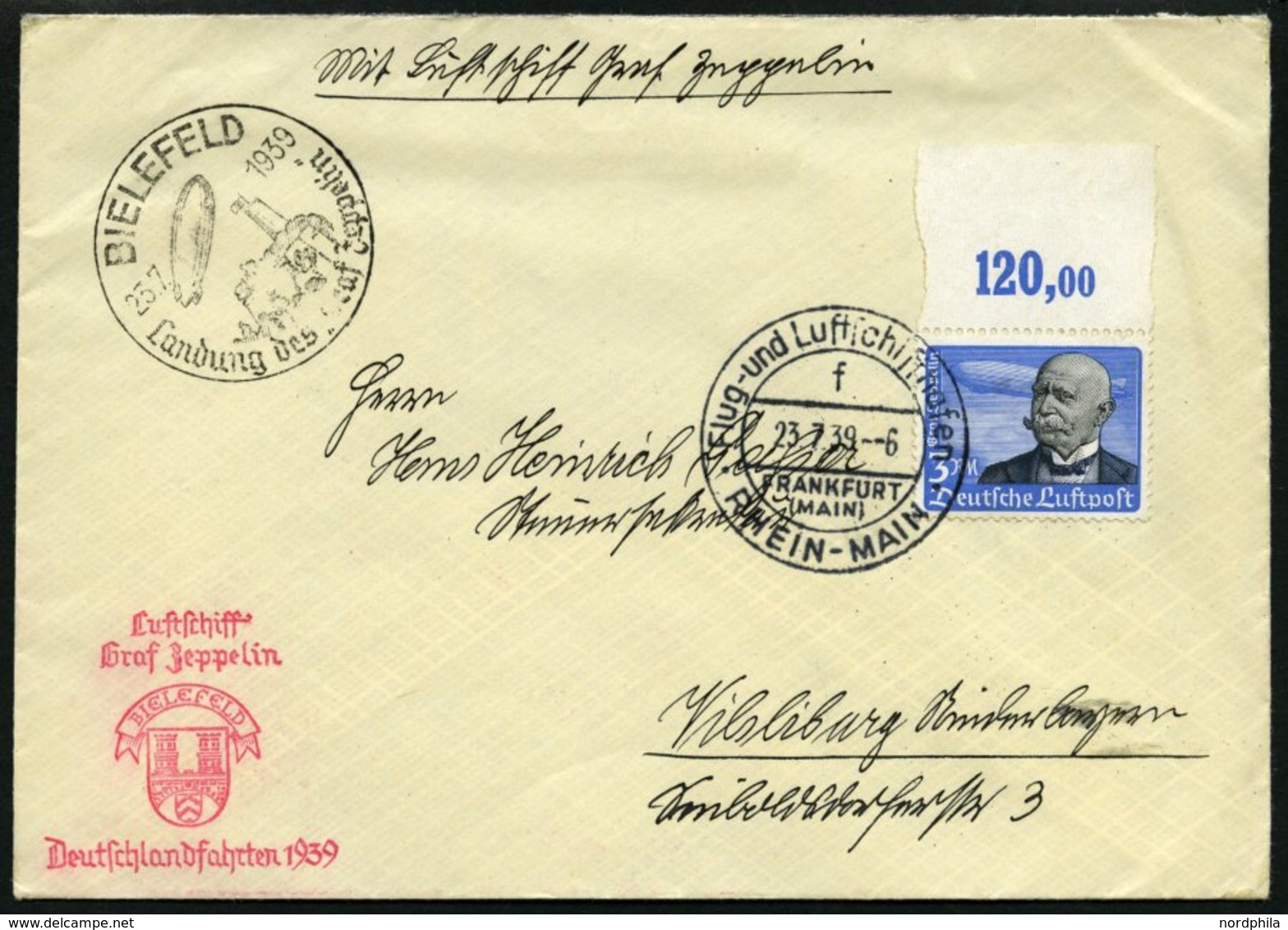 ZEPPELINPOST 459 BRIEF, 1939, Fahrt Nach Bielefeld, Mit Einzelfrankatur Mi. Nr. 539 Vom Oberrand, Pracht - Airmail & Zeppelin