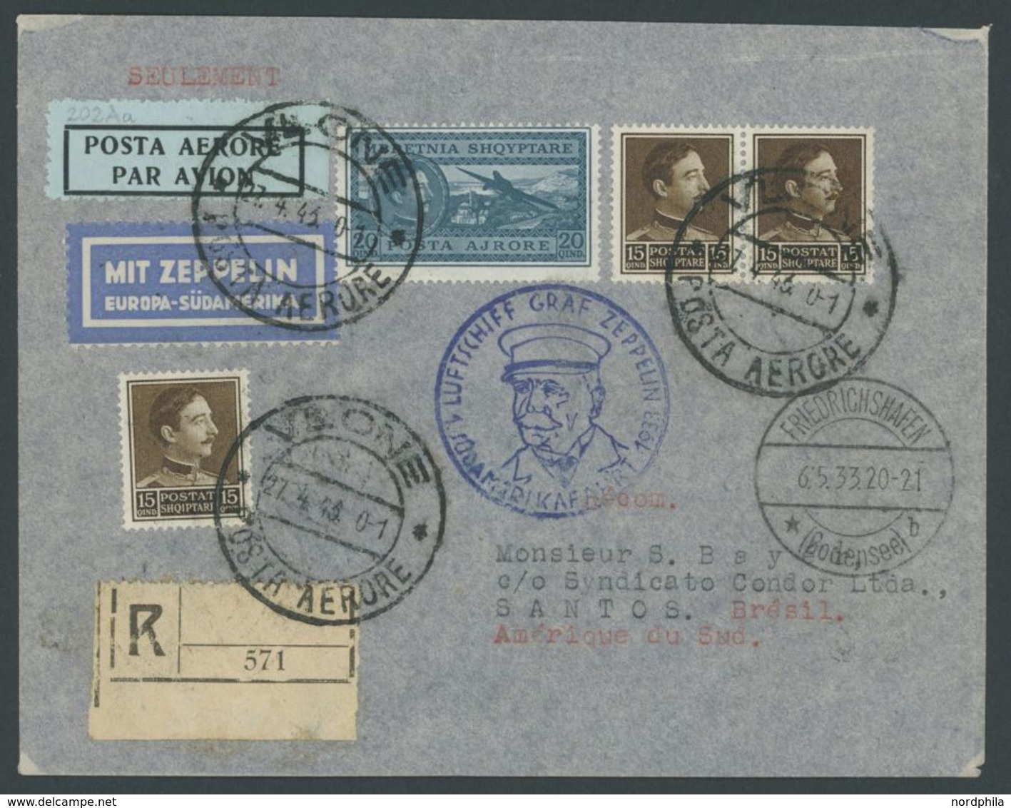 ZULEITUNGSPOST 202 BRIEF, Albanien: 1933, 1. Südamerikafahrt, Einschreibbrief, Pracht - Correo Aéreo & Zeppelin