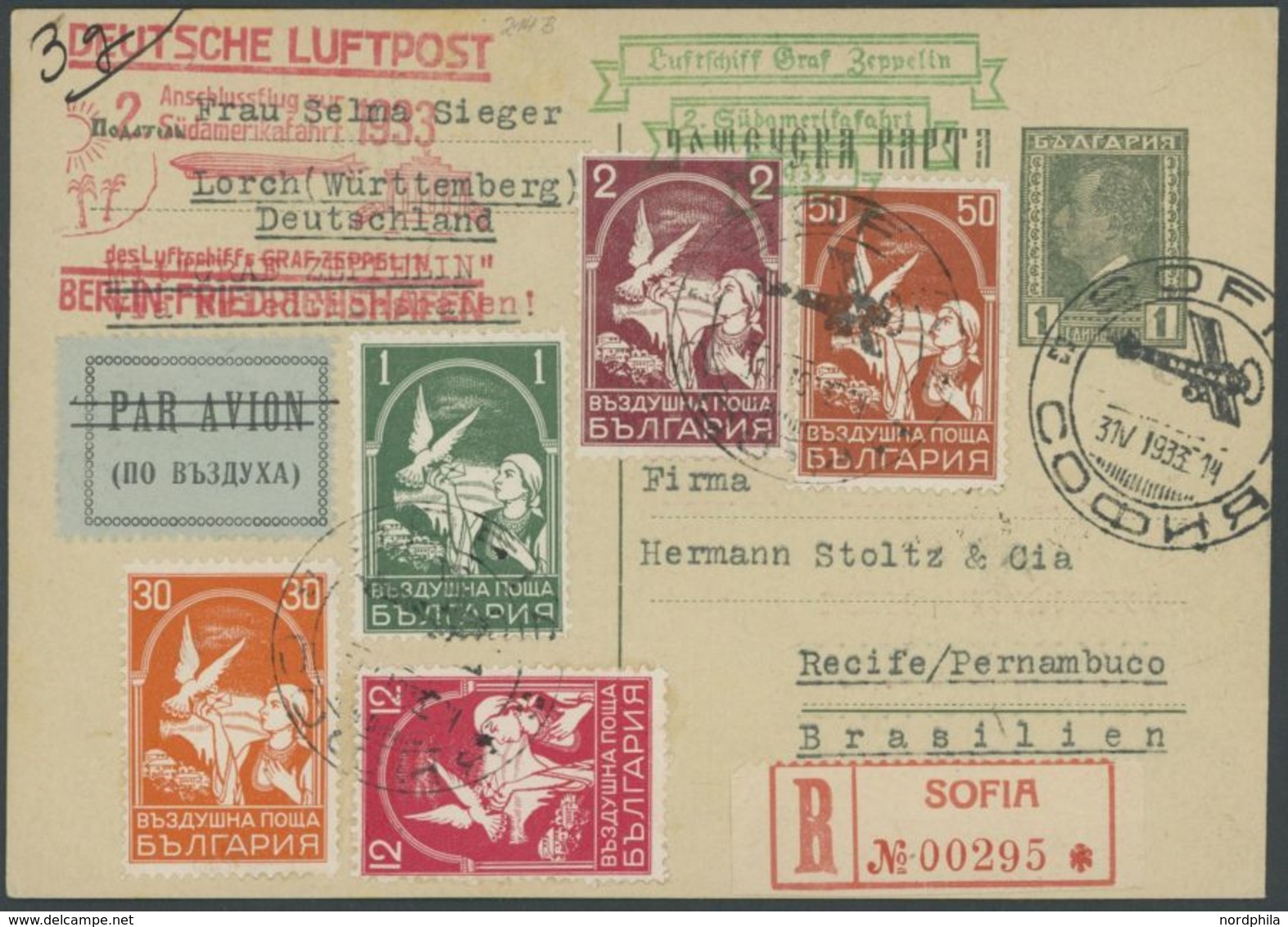 ZULEITUNGSPOST 214B BRIEF, Bulgarien: 1933, 2. Südamerikafahrt, Anschlußflug Ab Berlin, Einschreib-Ganzsachenkarte, Vord - Correo Aéreo & Zeppelin