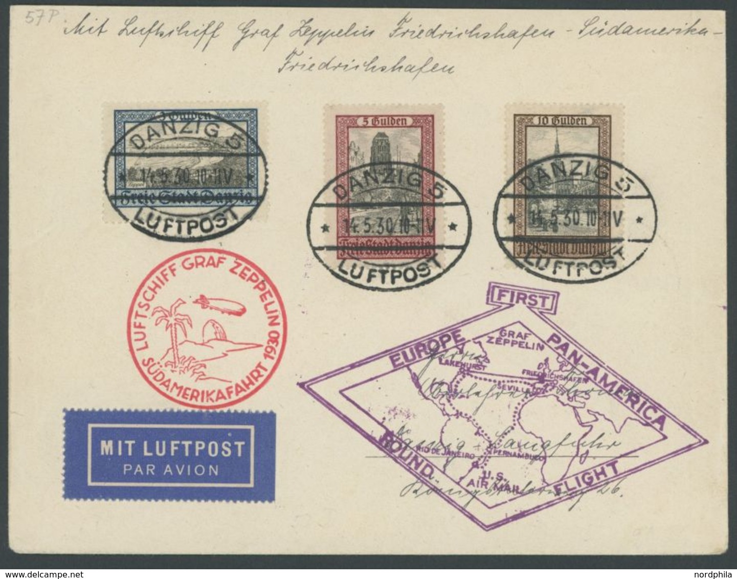 ZULEITUNGSPOST 57P BRIEF, Danzig: 1930, Südamerikafahrt, Rundfahrt, Frankiert Mit Mi.Nr. 209-11, Prachtbrief, Signiert H - Correo Aéreo & Zeppelin