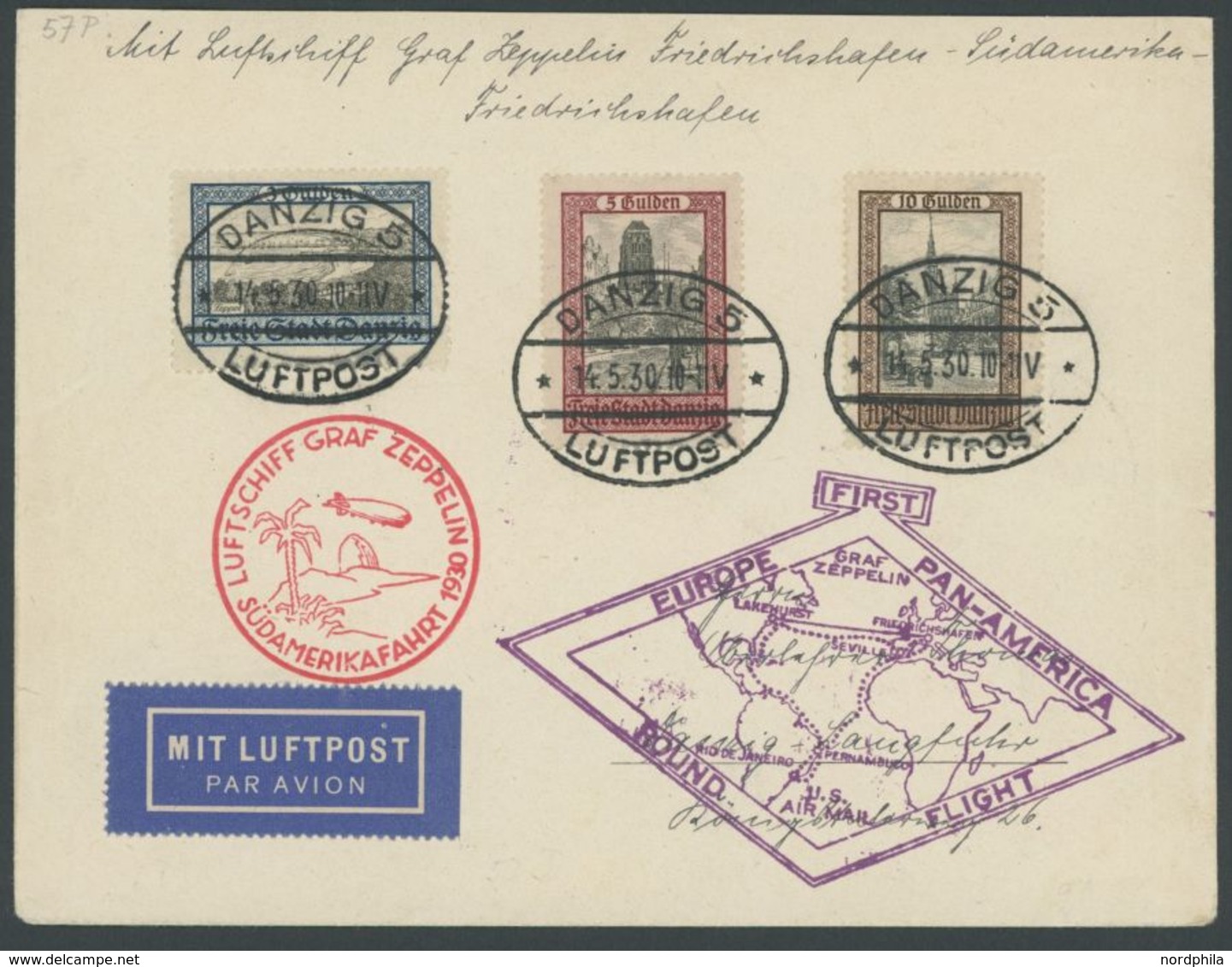 ZULEITUNGSPOST 57P BRIEF, Danzig: 1930, Südamerikafahrt, Rundfahrt, Frankiert Mit Mi.Nr. 209-11, Prachtbrief, Signiert H - Airmail & Zeppelin