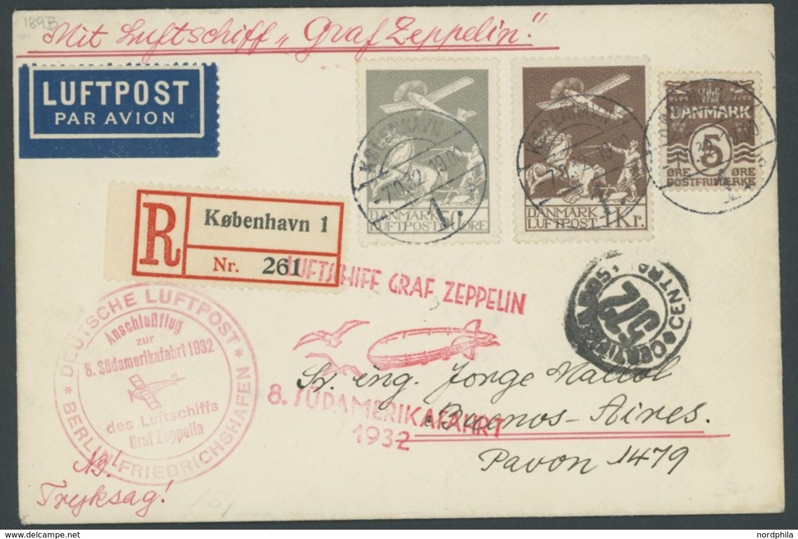 ZULEITUNGSPOST 189B BRIEF, Dänemark: 1932, 8. Südamerikafahrt, Anschlußflug Ab Berlin, Prachtbrief - Airmail & Zeppelin