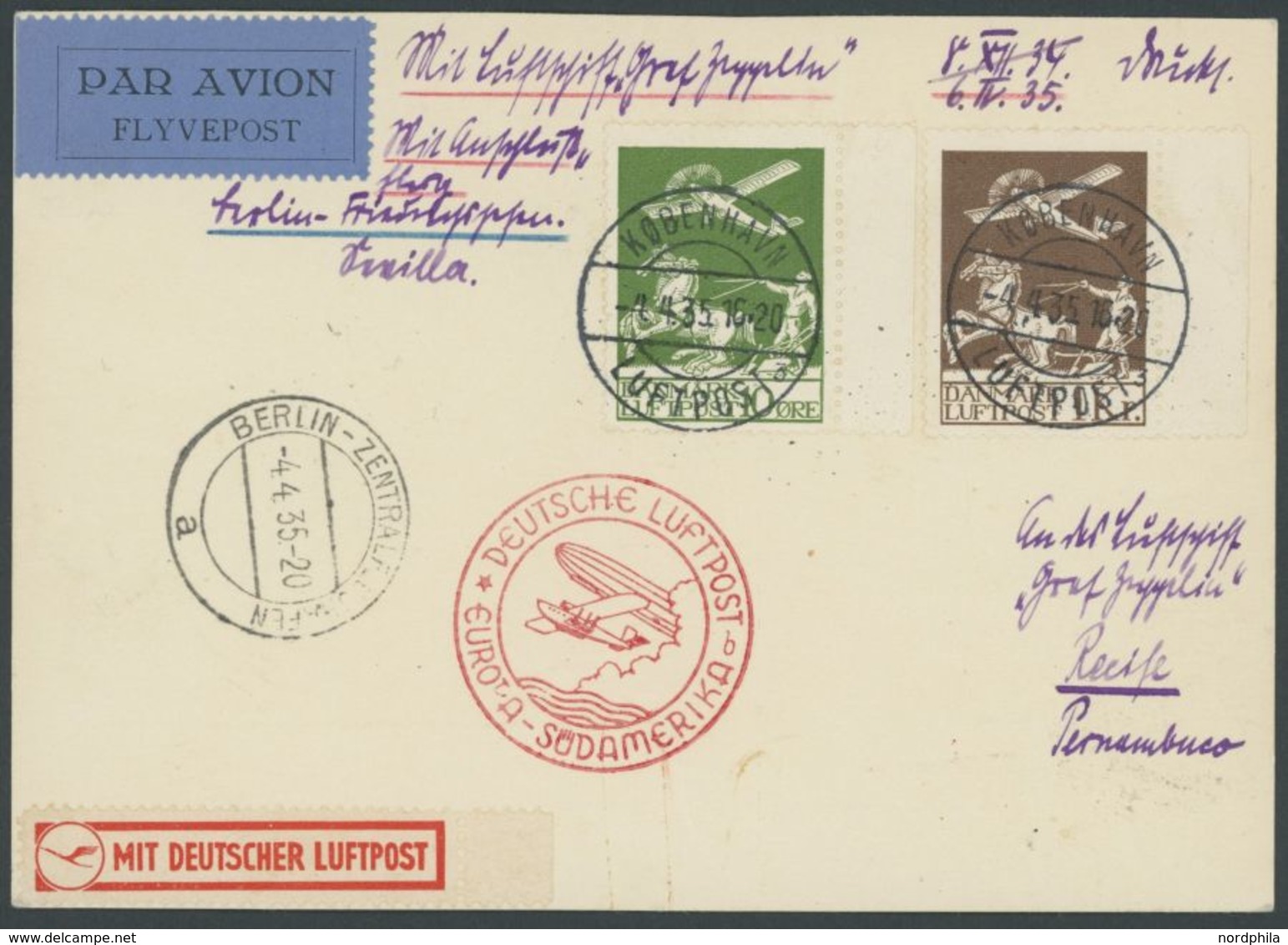 ZULEITUNGSPOST 290 BRIEF, Liechtenstein, 1935, 1. Südamerikafahrt, Flugpostbestätigungsstempel B, Drucksache, Prachtkart - Correo Aéreo & Zeppelin