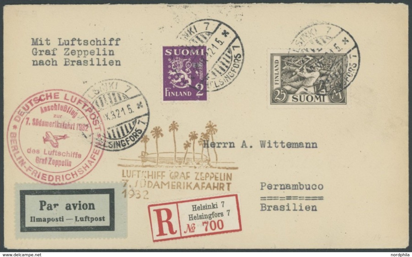 ZULEITUNGSPOST 183B BRIEF, Finnland: 1932, 7. Südamerikafahrt, Anschlussflug Ab Berlin, Einschreibbrief, Pracht - Correo Aéreo & Zeppelin