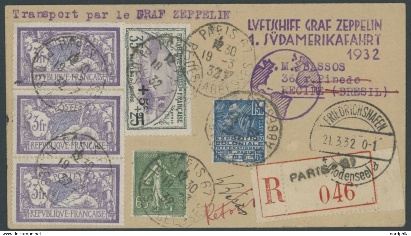 ZULEITUNGSPOST 138 BRIEF, Frankreich: 1932, 1. Südamerikafahrt, Kleinformatiger Einschreibbrief, Pracht - Airmail & Zeppelin