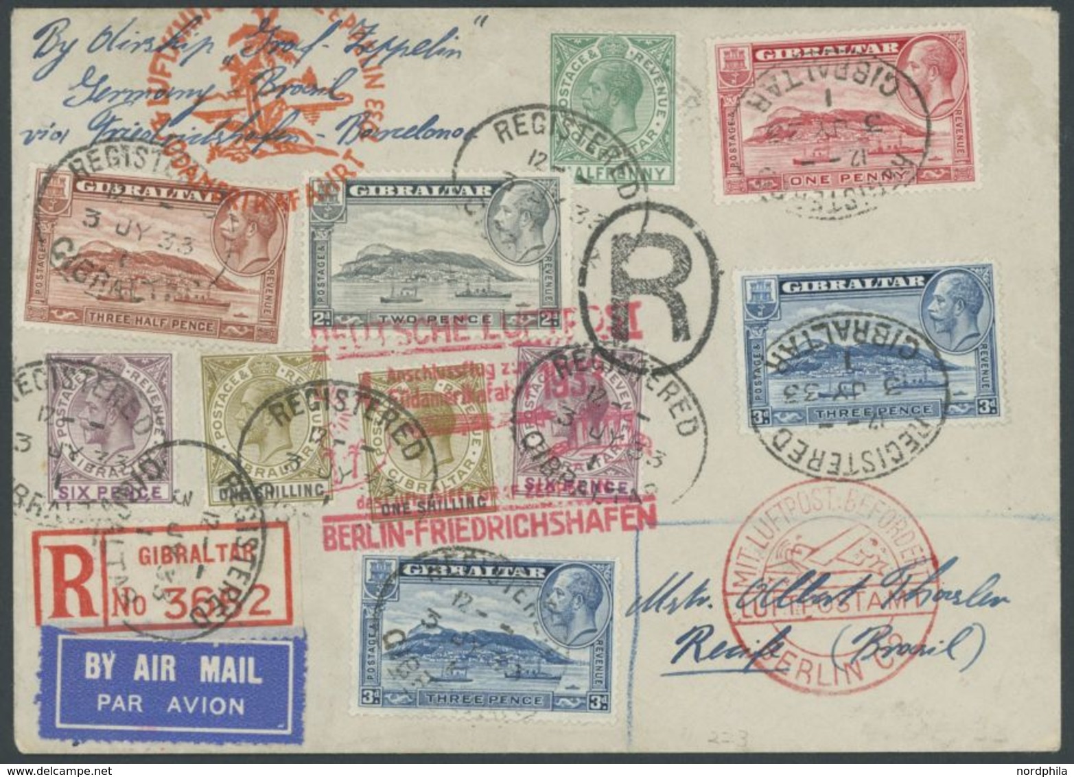 ZULEITUNGSPOST 223B BRIEF, Gibraltar: 1933, 4. Südamerikafahrt, Anschlußflug Ab Berlin, Einschreibbrief Mit 10 Marken Bu - Airmail & Zeppelin