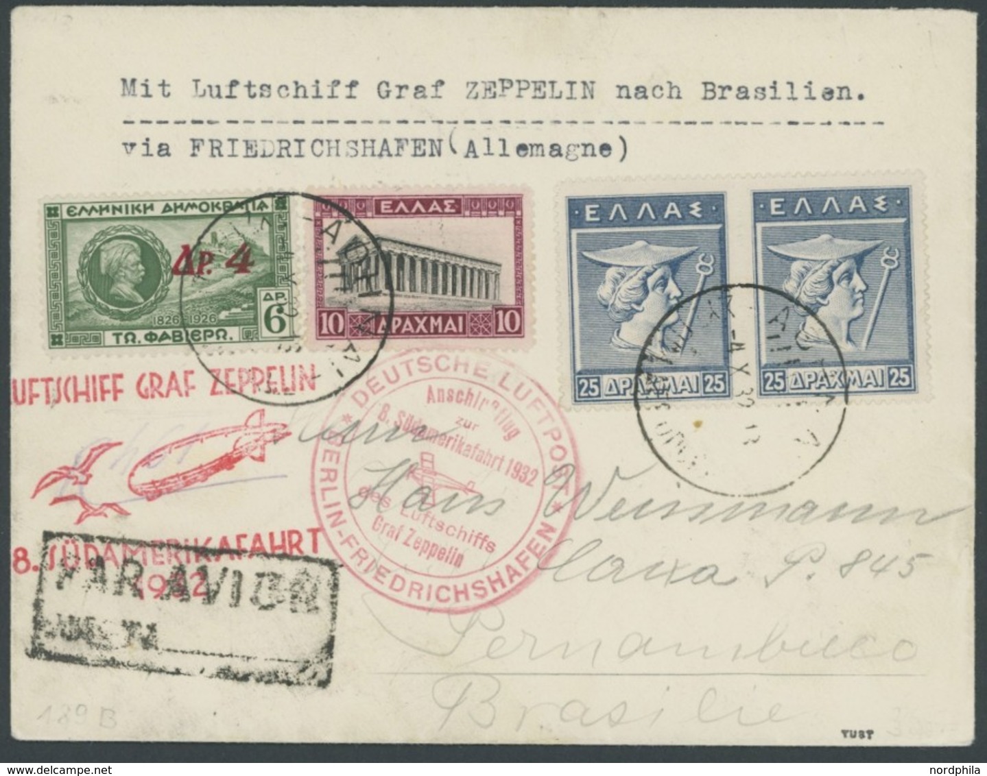 ZULEITUNGSPOST 189B BRIEF, Griechenland: 1932, 8. Südamerikafahrt, Anschlussflug Ab Berlin, Prachtbrief - Airmail & Zeppelin