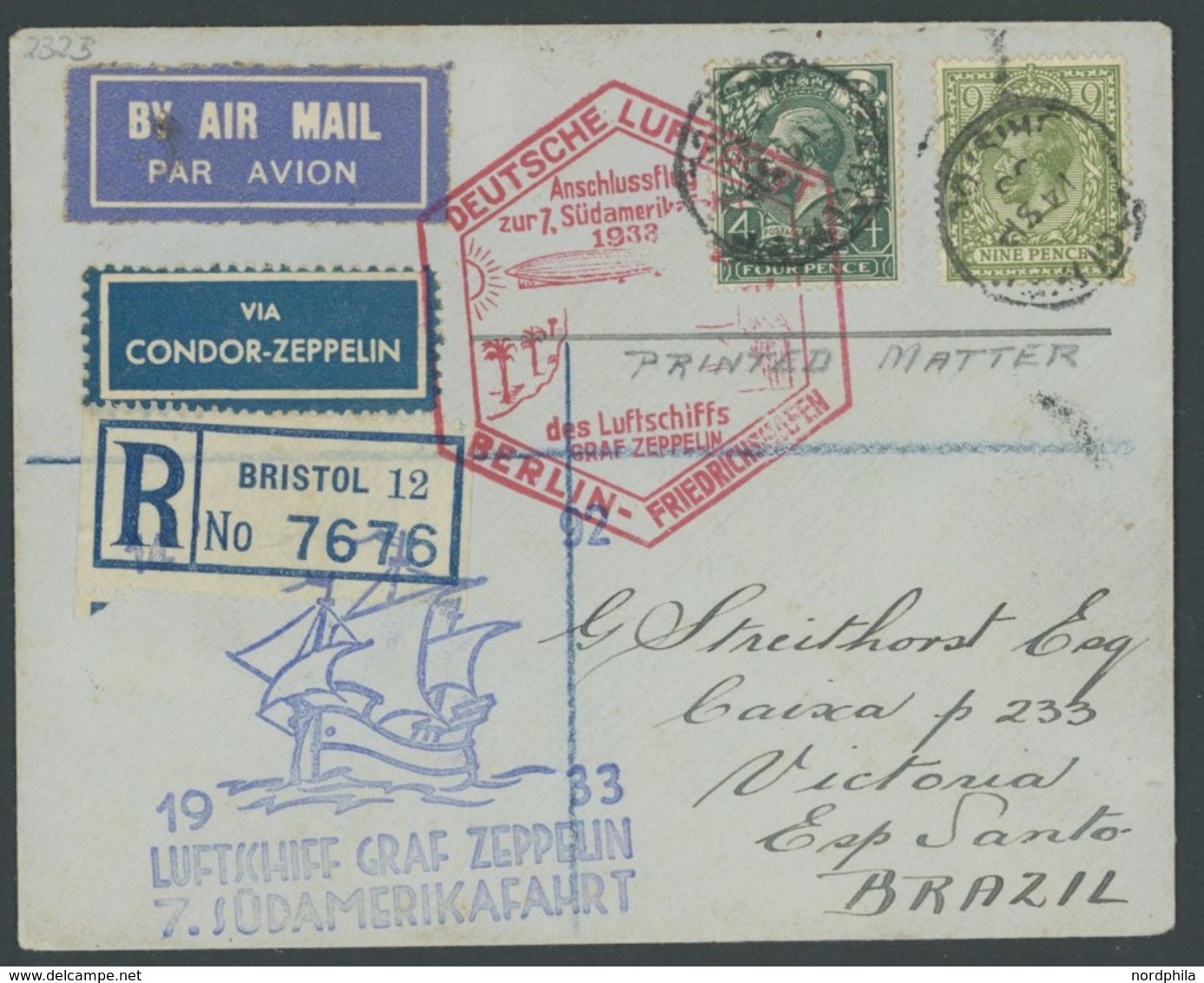 ZULEITUNGSPOST 232B BRIEF, Grossbritannien: 1933, 7. Südamerikafahrt, Anschlußflug Ab Berlin, Einschreib-Drucksache, Pra - Airmail & Zeppelin