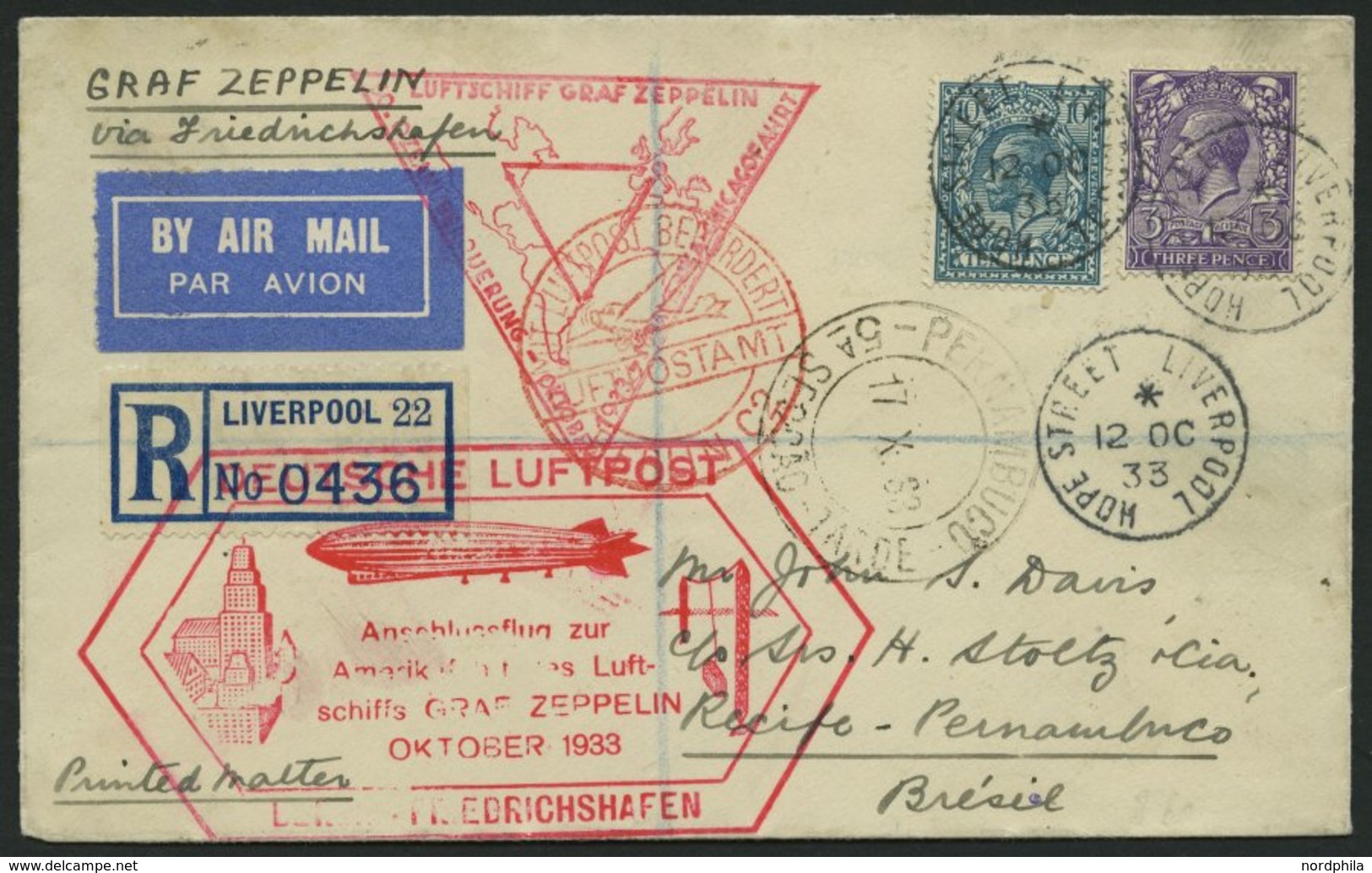 ZULEITUNGSPOST 238E BRIEF, Großbritannien: 1933, Chicagofahrt, Anschlußflug Ab Berlin, Einschreibbrief, Pracht - Airmail & Zeppelin