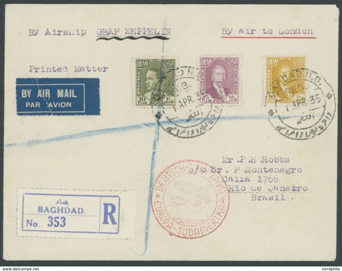 ZULEITUNGSPOST 290 BRIEF, Irak: 1935, 1. Südamerikafahrt, Flugpostbestätigungsstempel D, Einschreiben, Pracht, Sieger Un - Airmail & Zeppelin