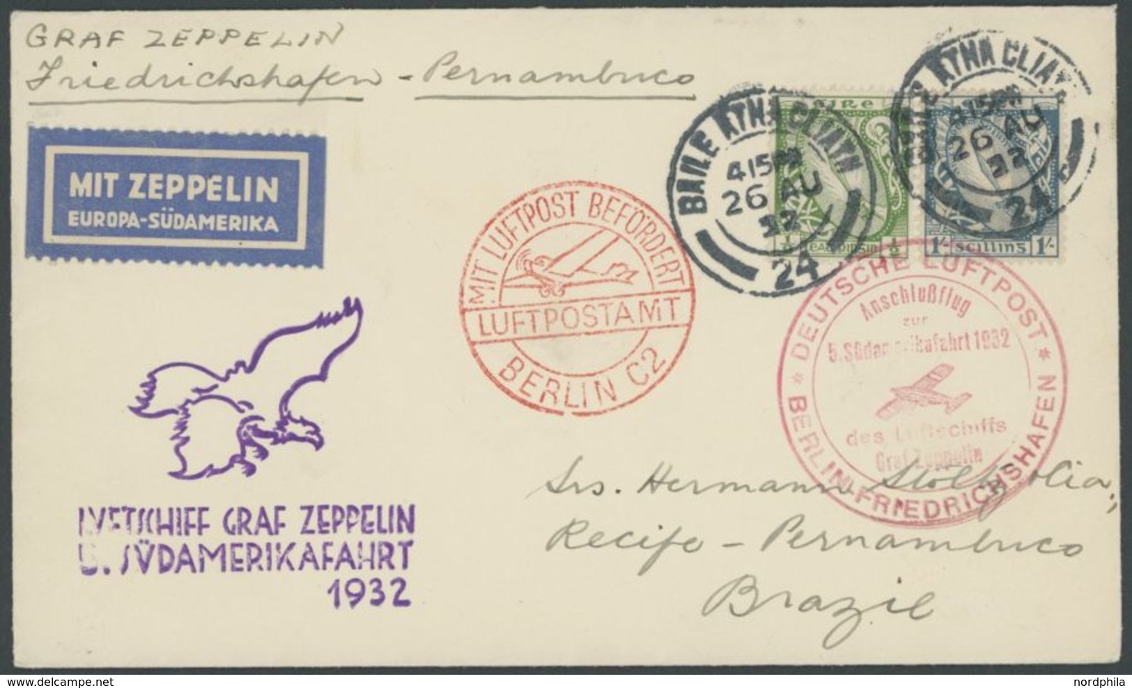 ZULEITUNGSPOST 171B BRIEF, Irland: 1932, 5. Südamerikafahrt, Anschlussflug Ab Berlin, Prachtbrief - Airmail & Zeppelin