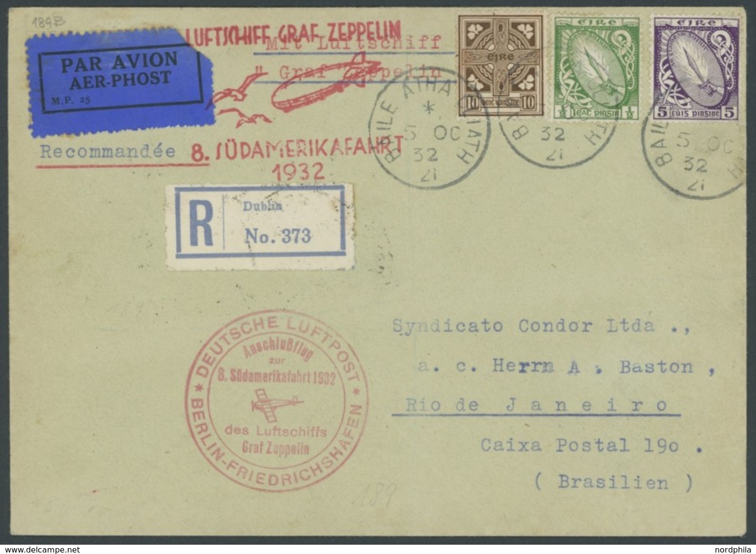 ZULEITUNGSPOST 189B BRIEF, Irland: 1932, 8. Südamerikafahrt, Anschlussflug Ab Berlin, Einschreibbrief, Pracht, Gepr. Hil - Correo Aéreo & Zeppelin