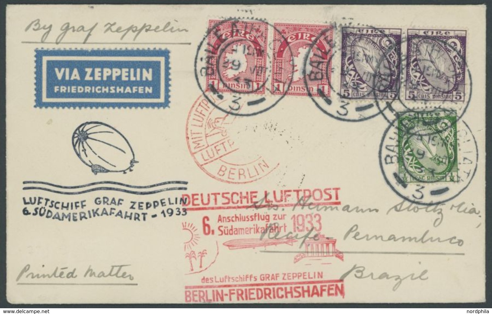 ZULEITUNGSPOST 229B BRIEF, Irland: 1933, 6. Südamerikafahrt, Anschlussflug Ab Berlin, Drucksache, Prachtbrief - Airmail & Zeppelin