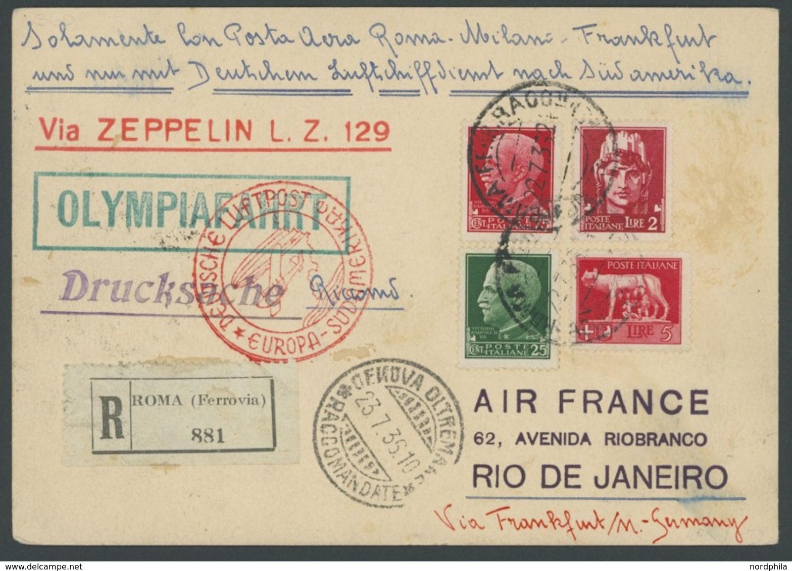 ZULEITUNGSPOST 360 BRIEF, Italien: 1936, 10. Südamerikafahrt, Einschreib-Drucksache, Wegen Adressierung Nach Rio De Jane - Airmail & Zeppelin