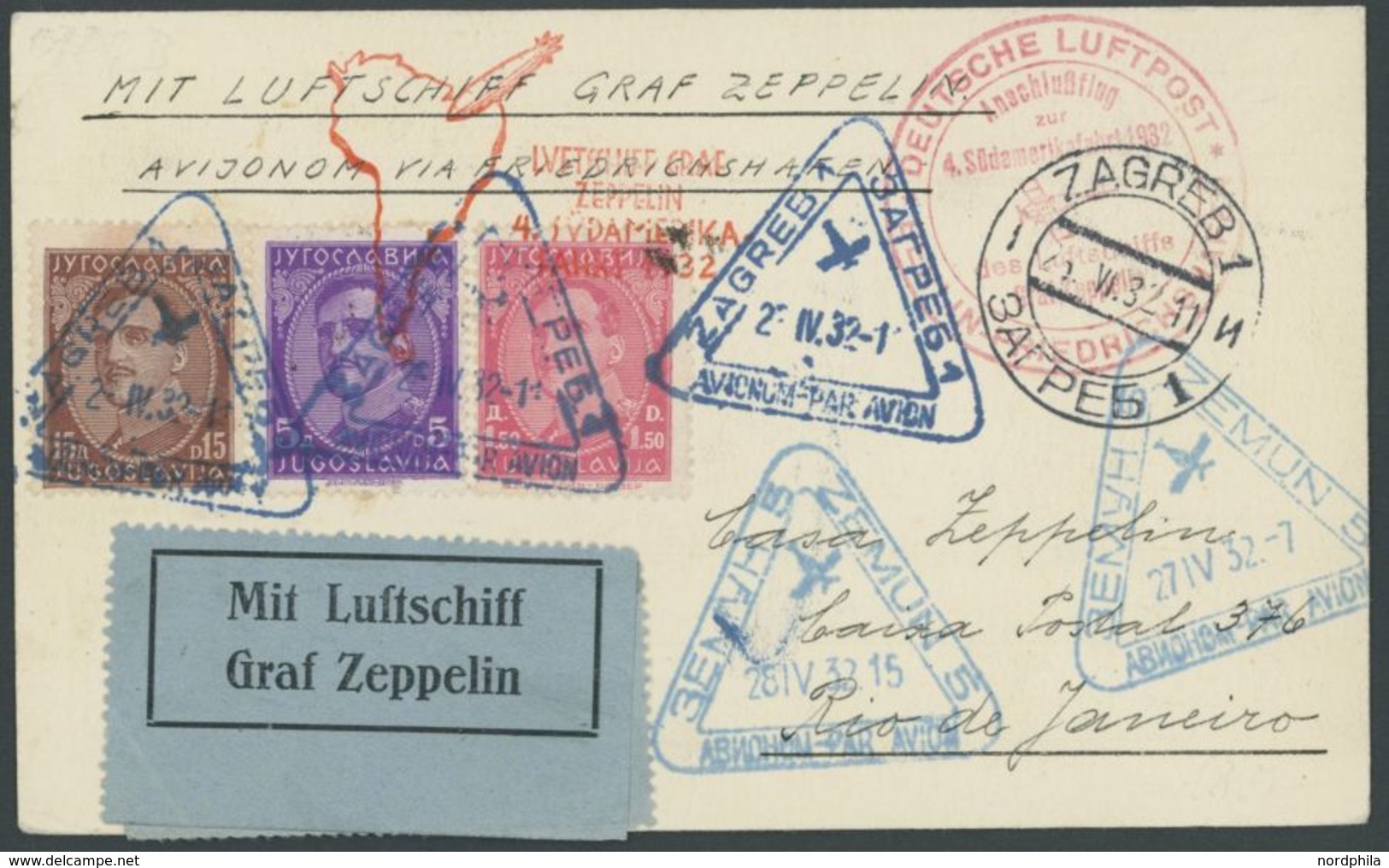ZULEITUNGSPOST 157B BRIEF, Jugoslawien: 1932, 4. Südamerikafahrt, Anschlußflug Ab Berlin, Prachtkarte - Airmail & Zeppelin