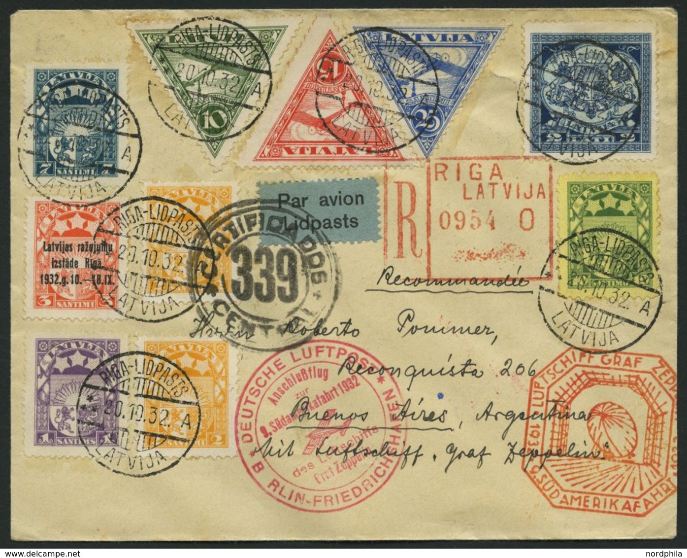 ZULEITUNGSPOST 195B BRIEF, Lettland: 1932, 9. Südamerikafahrt, Anschlußflug Ab Berlin, Einschreibbrief, Pracht - Airmail & Zeppelin